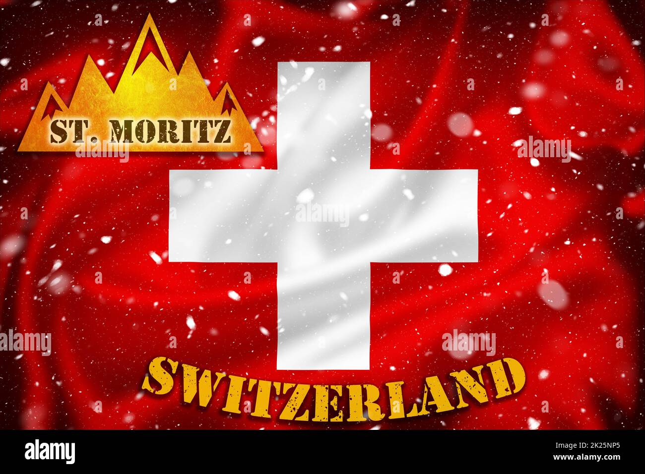 Sankt Moritz Ski Resort Banner Illustration auf Schweizer Flagge und Schneeschicht, berühmtes Ski Ziel Stockfoto