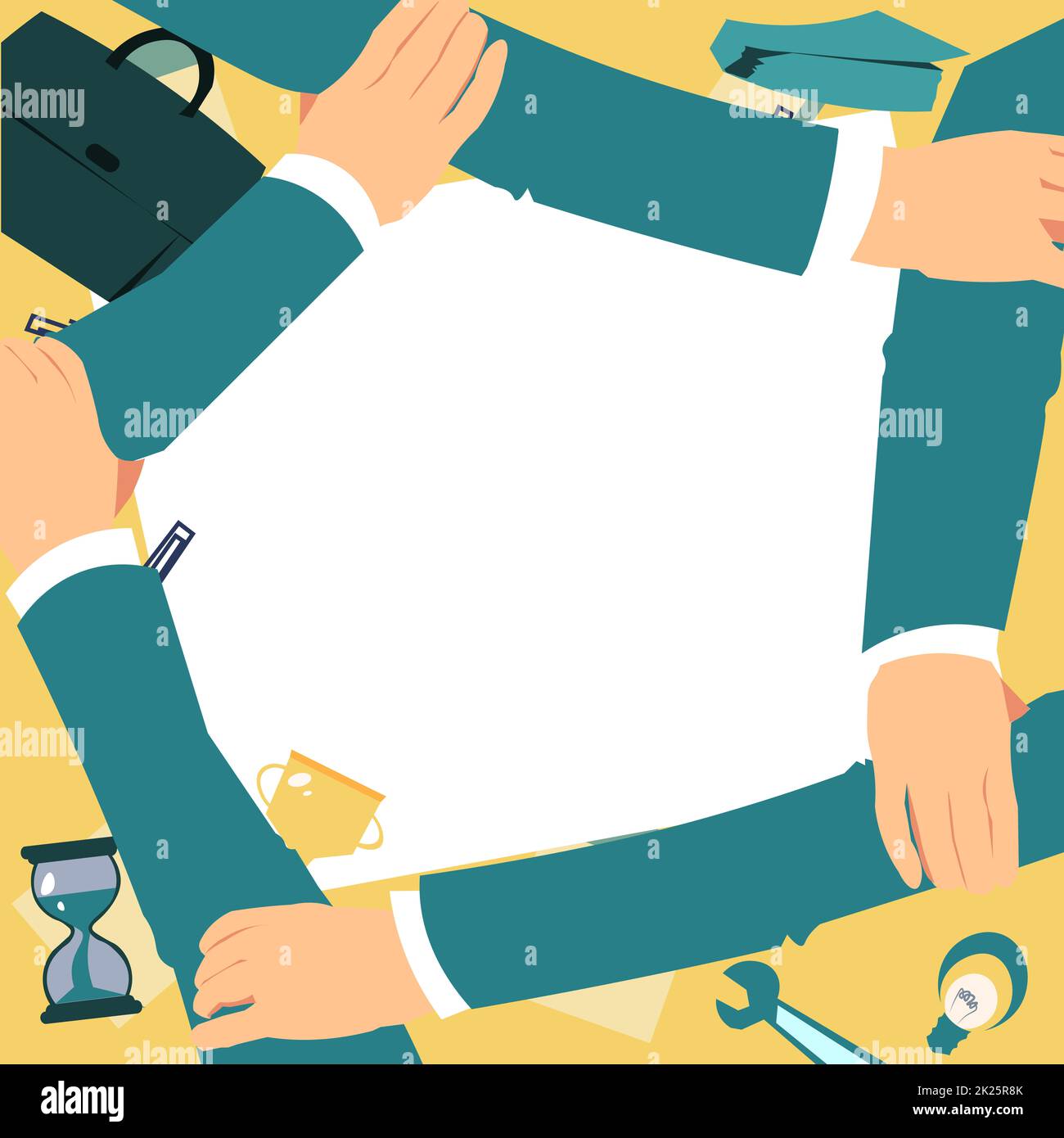 Vier Hände, Die Den Arm Zusammenhalten Und Das Verbindungssymbol Zeigen. Connected Arms Design Hält Handgelenke Und Zeigt Teamwork Cooperation Starke Bindung. Stockfoto