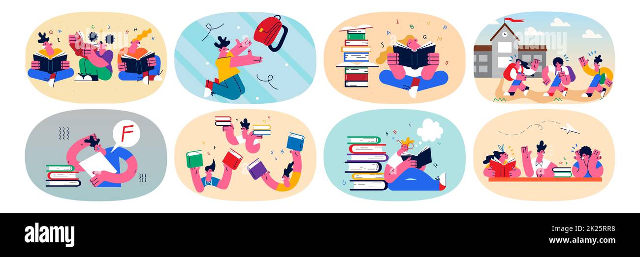 Ein Satz glücklicher Schulkinder lernen mit Büchern Stockfoto