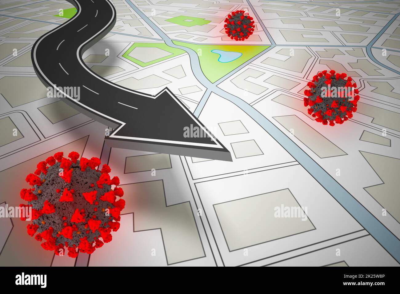3D Rendering des GPS-Navigators zeigt Punkte mit einer hohen Anzahl von covid-19-Ansteckung Stockfoto