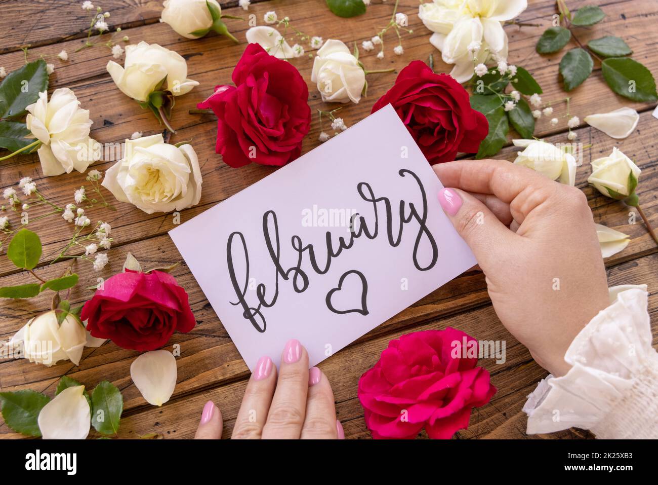 Hände mit Karte FEBRUAR in der Nähe von roten und cremefarbenen Blumen schließen sich auf einem Holztisch Stockfoto