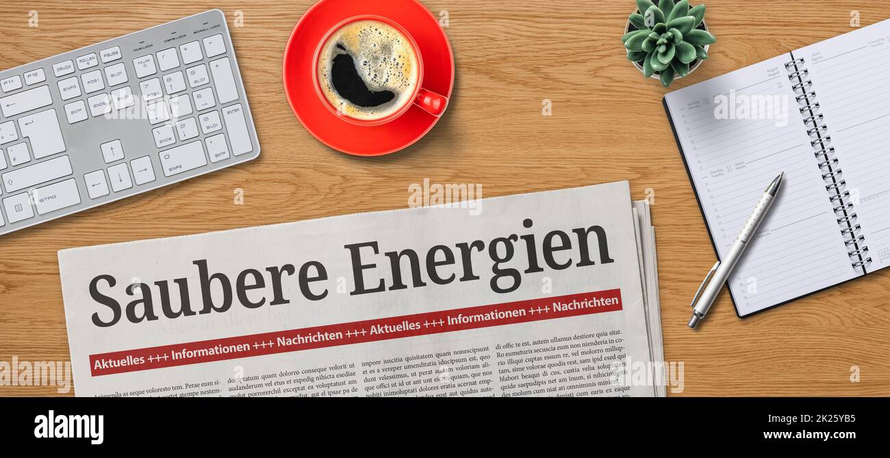 Zeitung auf dem Schreibtisch - Saubere Energie auf deutsch - Saubere Energie Stockfoto