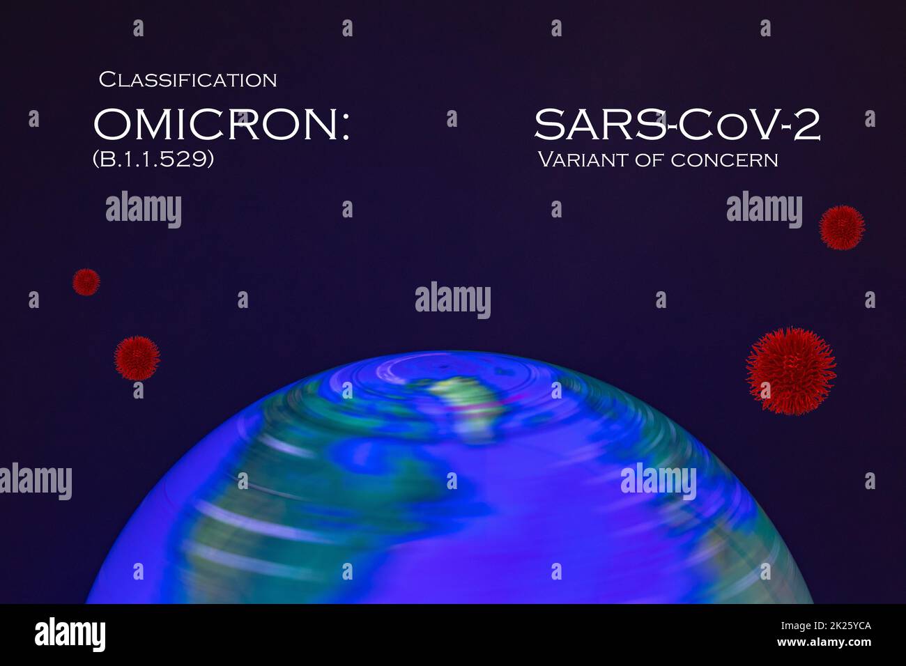 Omicron-Klassifikation (B.1.1.529) als Variante von SARS-CoV-2. 3D Abbildung einer bunten, von innen beleuchteten, sich drehenden Erde mit abstrakten Modellen des Virus. Stockfoto
