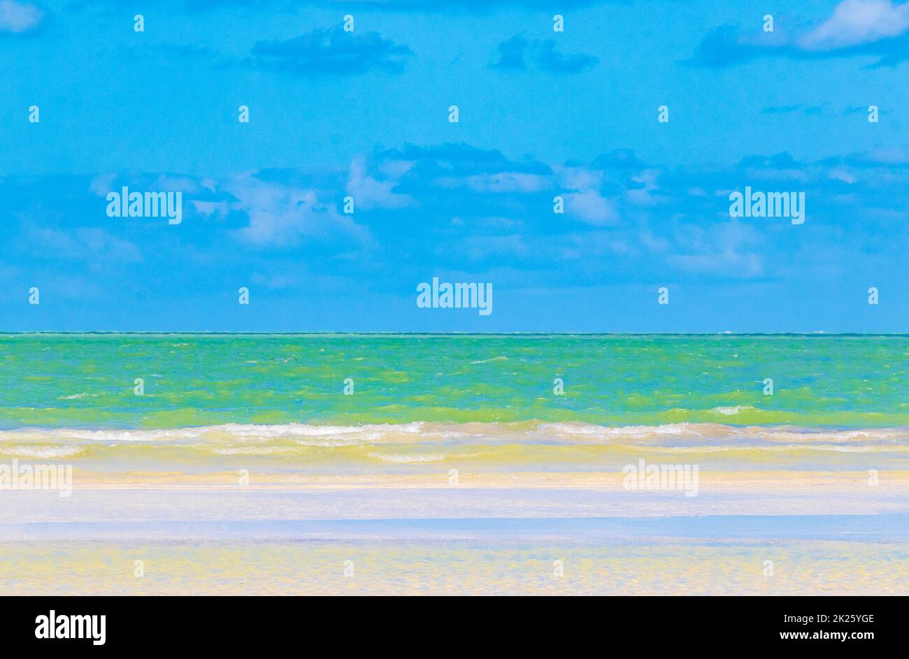 Natürliche Holbox Insel Strand Sandbank Panorama türkis Wasser Wellen Mexiko. Stockfoto