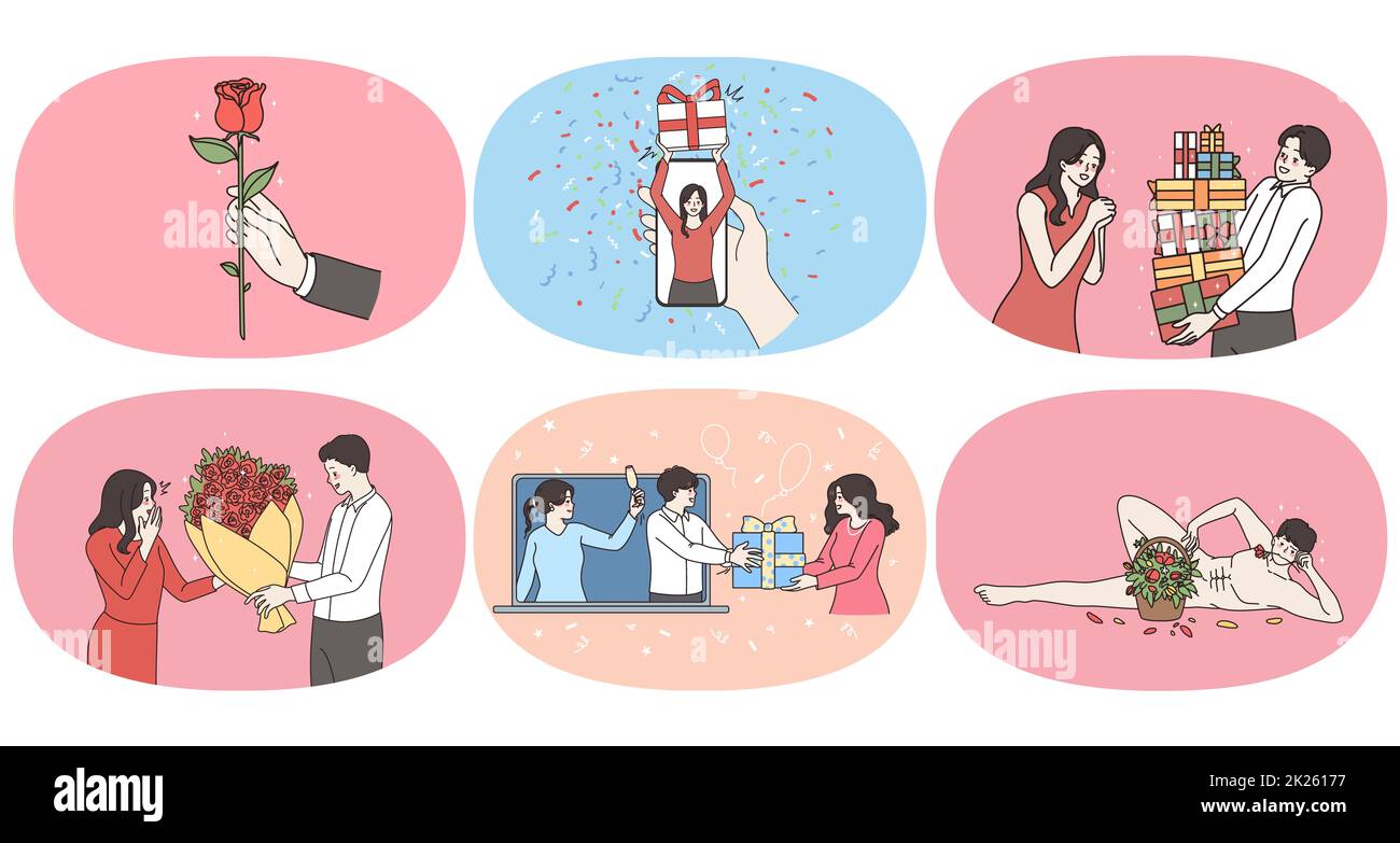 Ein Mann gratuliert der geliebten Frau zum Geschenk Stockfoto