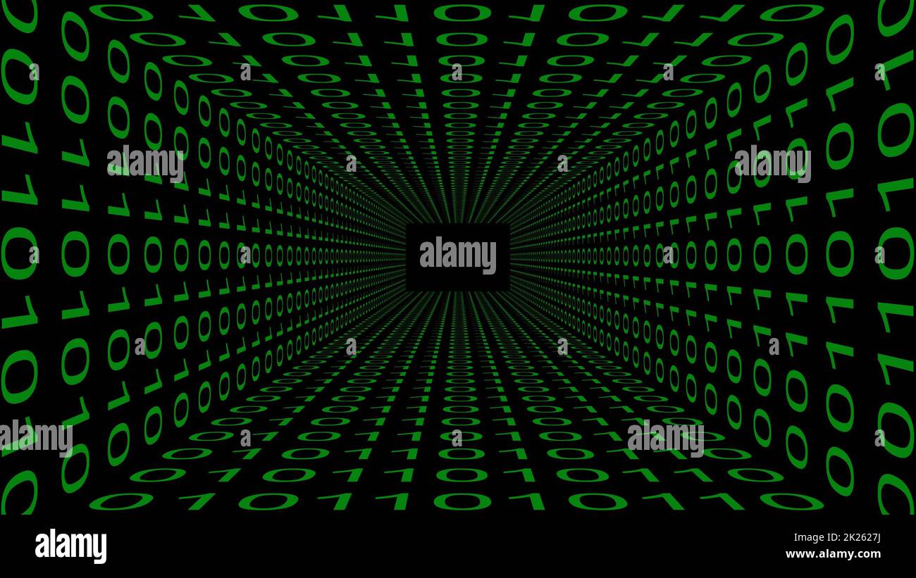 Abstrakter digitaler Hintergrund – grüner binärer Code auf schwarzem Hintergrund, der als Tunneleffekt angeordnet ist Stockfoto