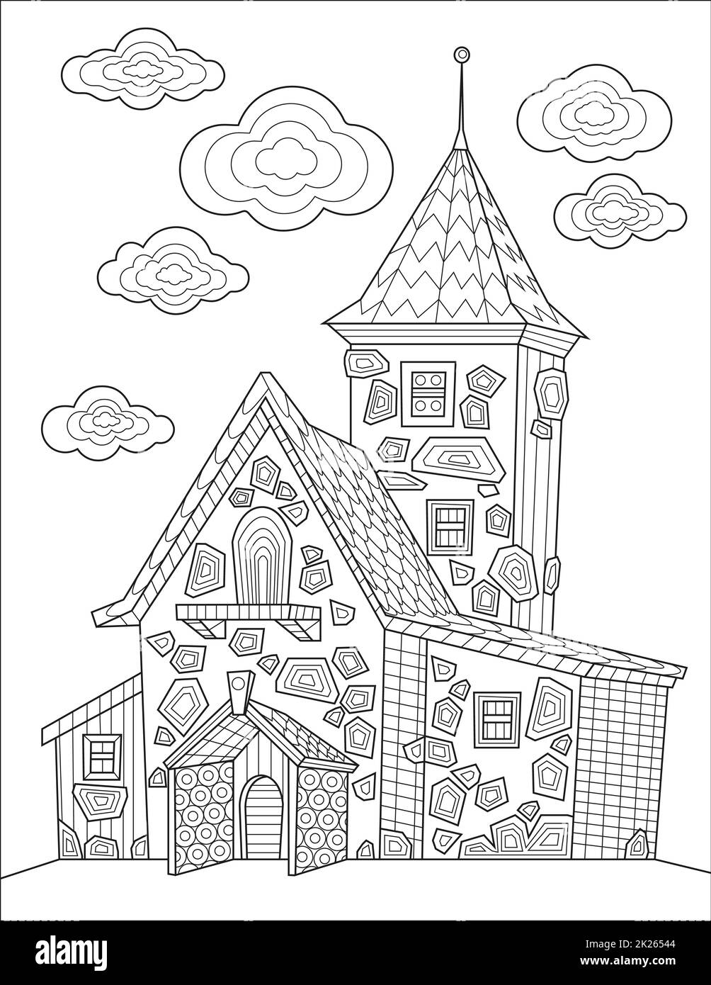 Old Victorian House Linienzeichnung Mit Geometrischen Details Und Wolken Für Malbuch Stockfoto