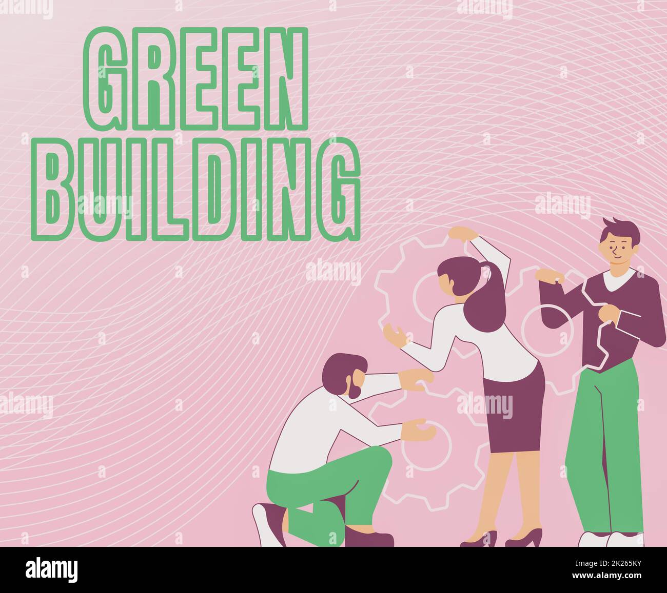 Konzeptionelle Darstellung Grünes Gebäude. Geschäftsansatz Eine Struktur, die umweltbewusst ist Nachhaltige Illustration eines Konzerns, der Stirnradgetriebe hält, hilft jedem für seine Arbeit. Stockfoto