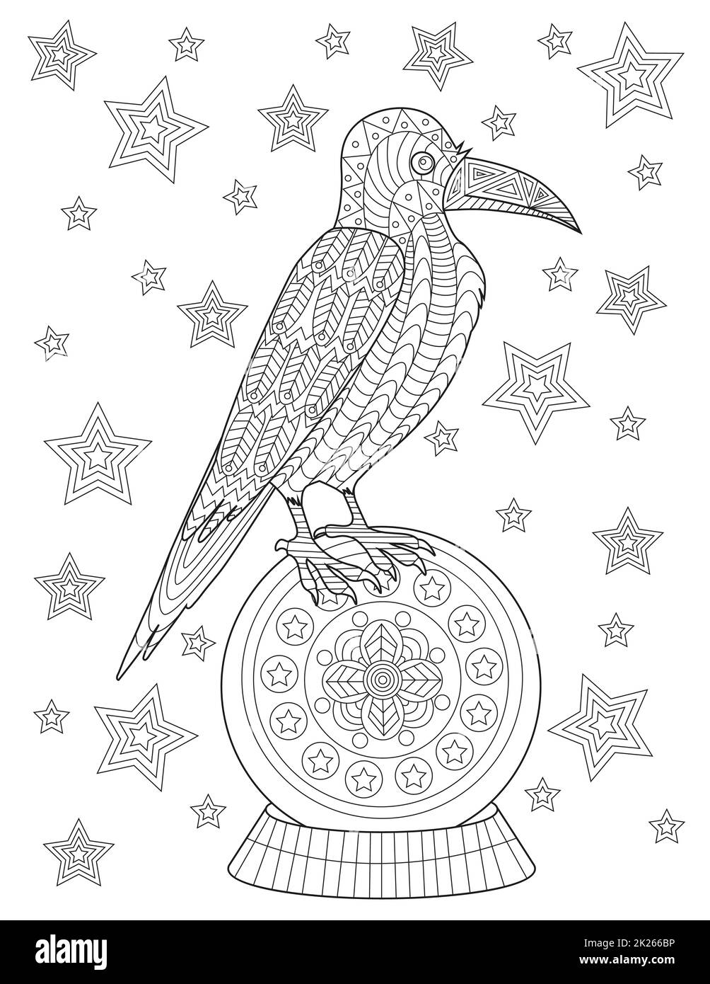 Rabe steht auf Einer Kristallkugel, umgeben von einer Sternenlinie für ein detailliertes Malbuch Stockfoto