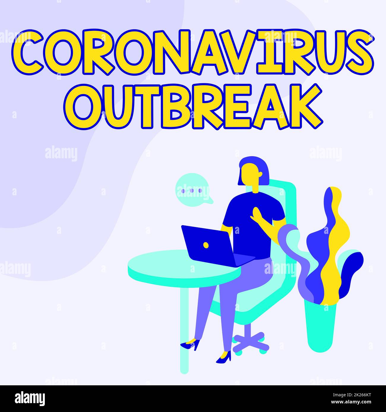 Textzeichen mit Coronavirus-Ausbruch. Geschäftskonzept Infektionskrankheit durch neu entdeckte COVID19 Frau am Büroschreibtisch mit Laptop mit Sprechblase neben Werk. Stockfoto