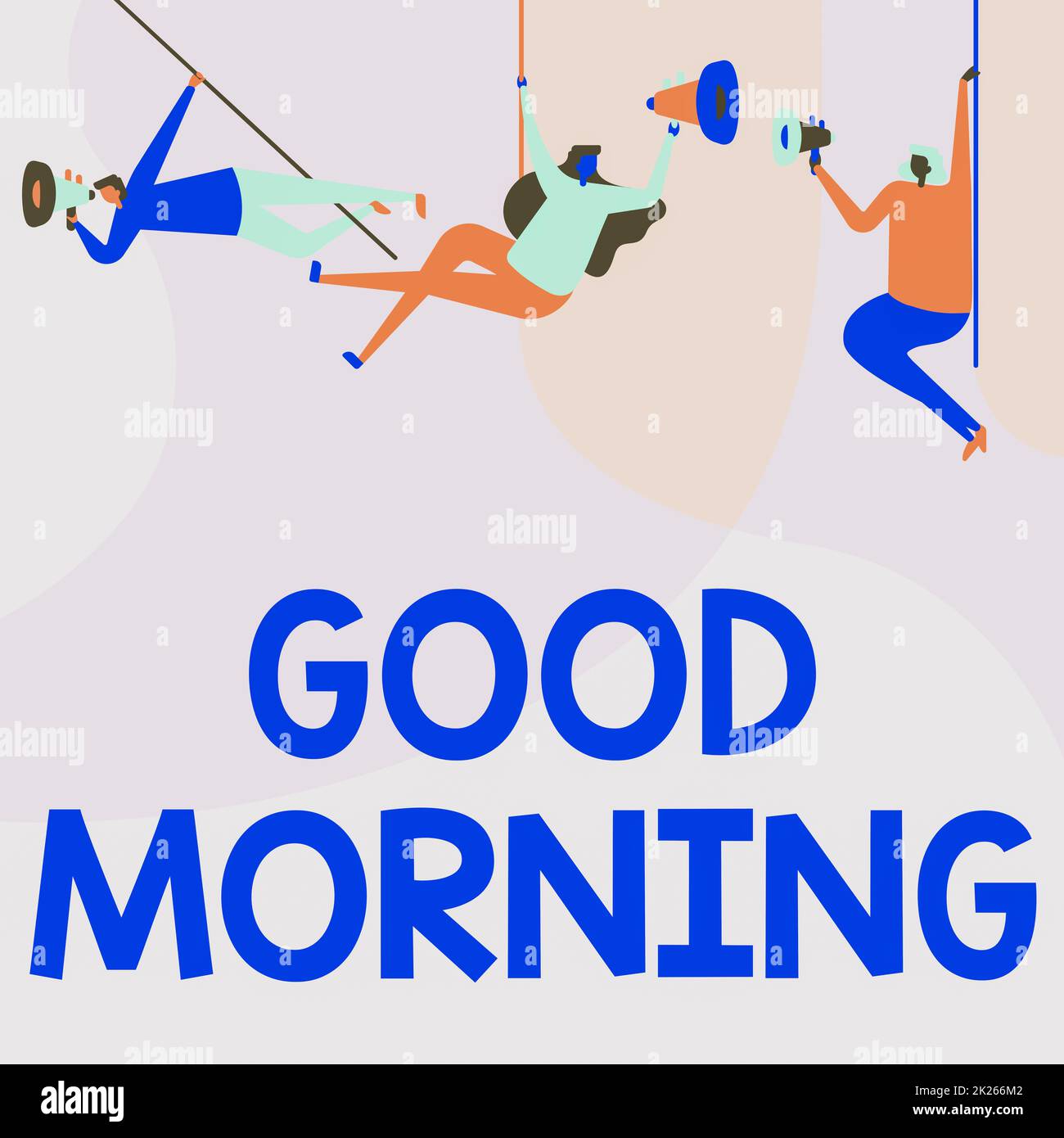 Konzeptionelle Anzeige Guten Morgen. Geschäftsansatz Happy Day Nachricht und inspirierend mit einem Lächeln und Liebe Menschen zeichnen an der Decke hängen mit Megafonen Ankündigung machen. Stockfoto
