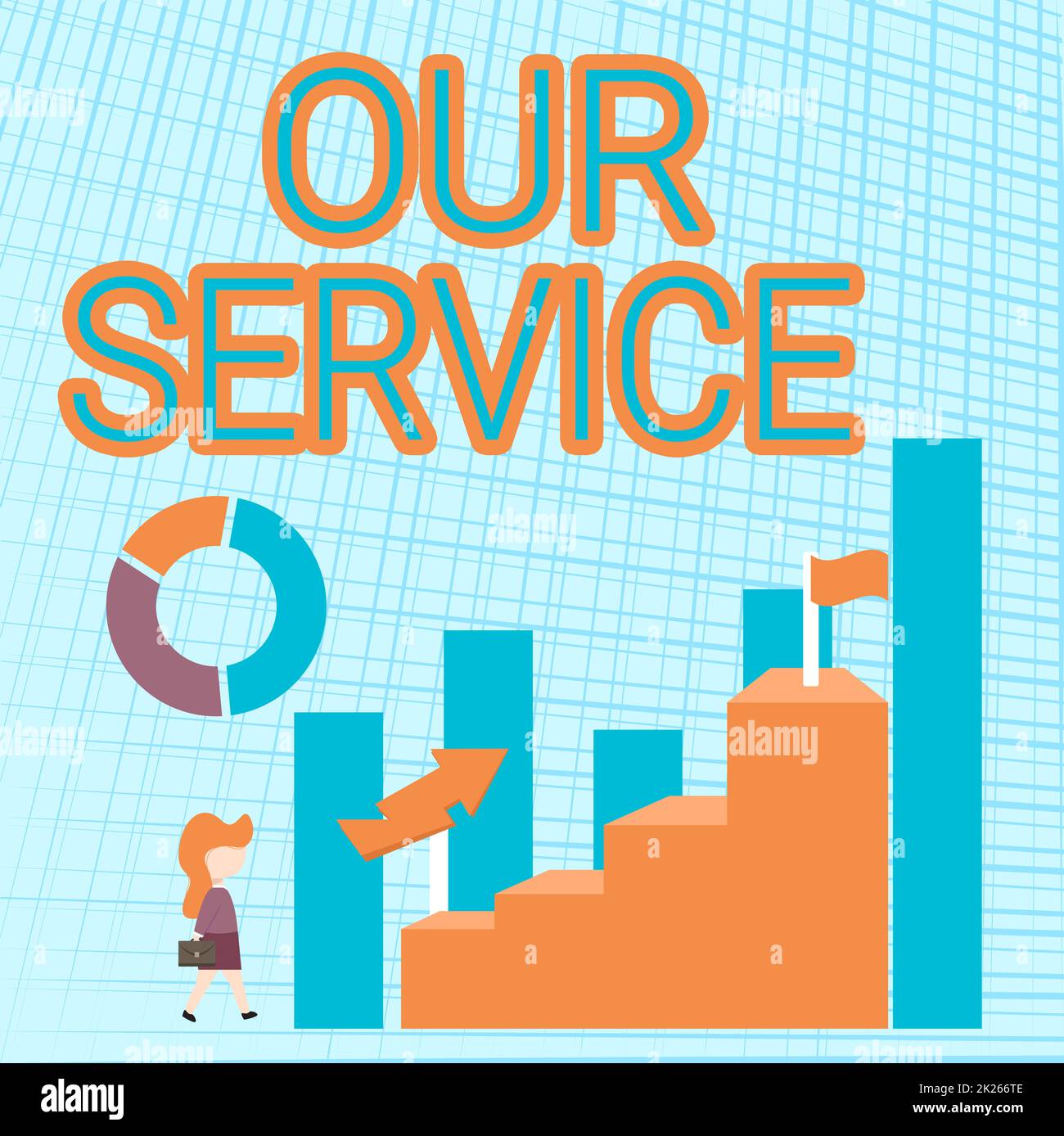 Inspiration mit Schild „Unser Service“. Internetkonzept, das der Öffentlichkeit Unterstützung mit bestimmten Fähigkeiten bietet Geschäftsfrau geht auf dem Weg zu einer großen Grafik, die die Leistung zeigt Stockfoto