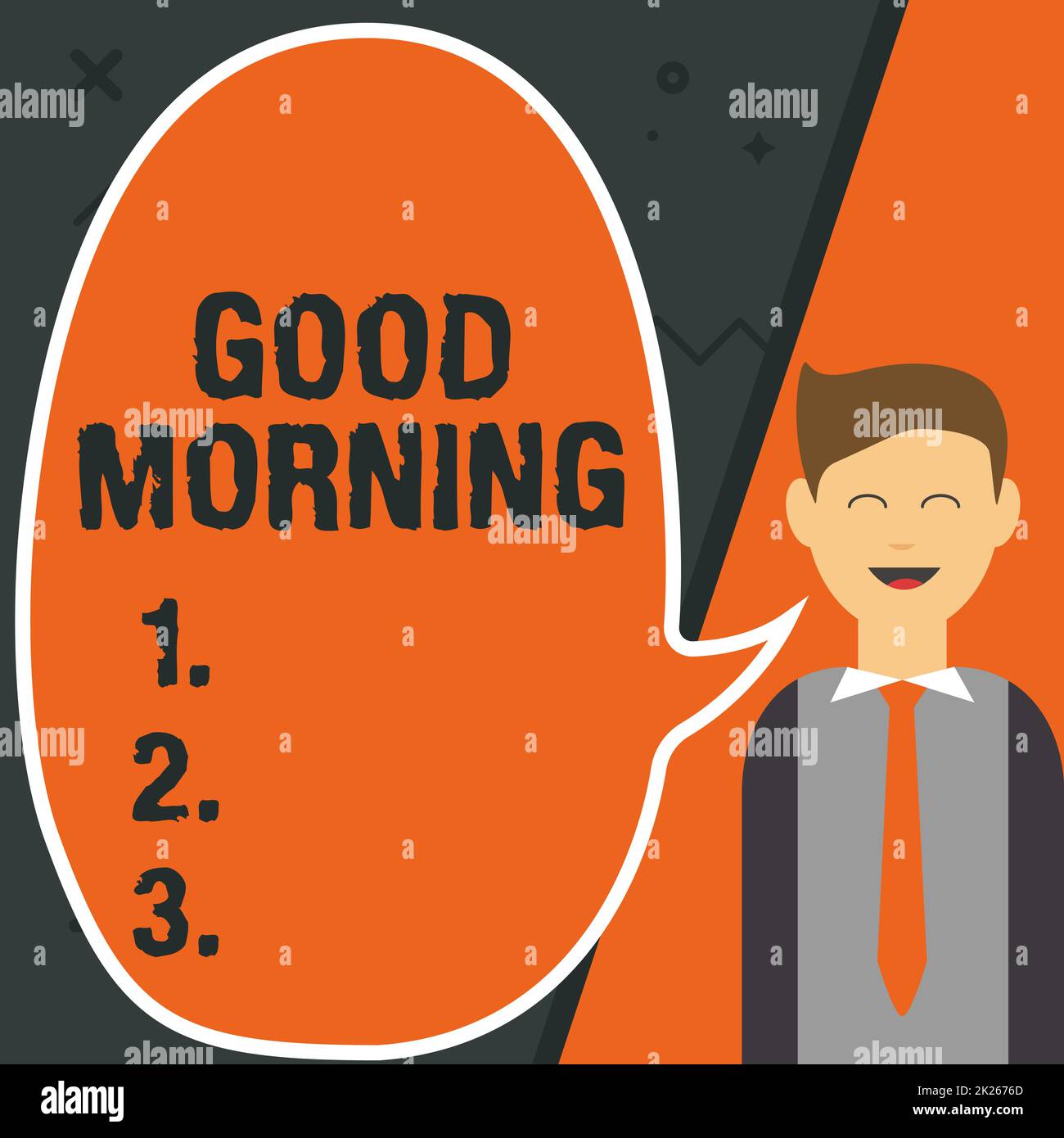 Textzeichen mit Guten Morgen. Unternehmen präsentieren Happy-Day-Botschaften und inspirierend mit einem Lächeln und Liebe Illustration eines Geschäftsmanns, der Ideen in der leeren Chat Cloud präsentiert. Stockfoto