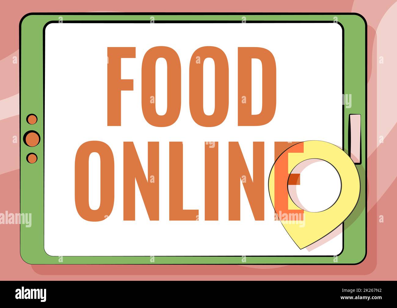 Schreiben mit Text Food Online. Wort, das auf einer direkt vom Geschäft bereitgestellten Website mit einer großen Auswahl an Lebensmitteln geschrieben wird. Zeichnung eines Computer-Tablets mit übersichtlichem Touchscreen und Positionierstift. Stockfoto