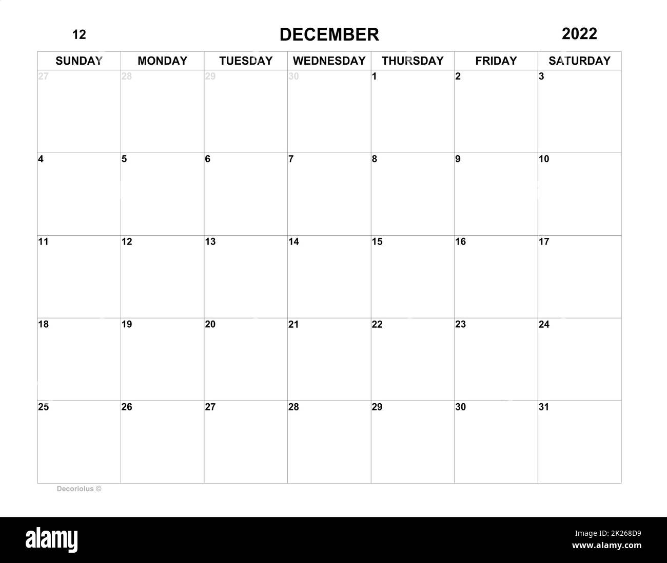 Planer für dezember 2022. Zeitplan für Monat. Monatskalender. Organisator Stockfoto