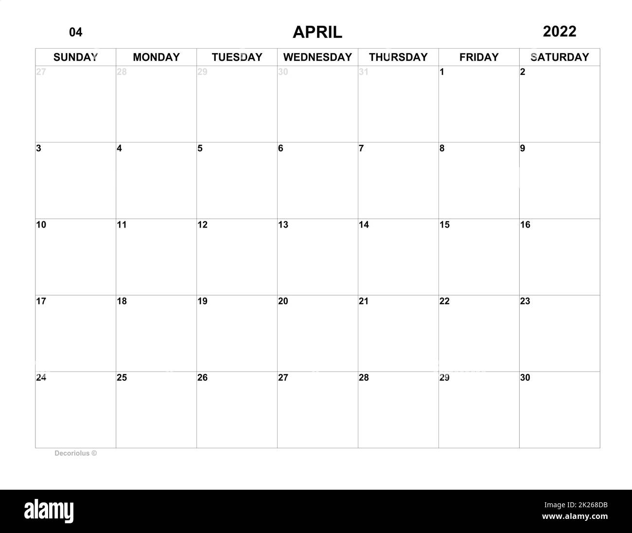 Planer für april 2022. Zeitplan für Monat. Monatskalender. Organisator Stockfoto