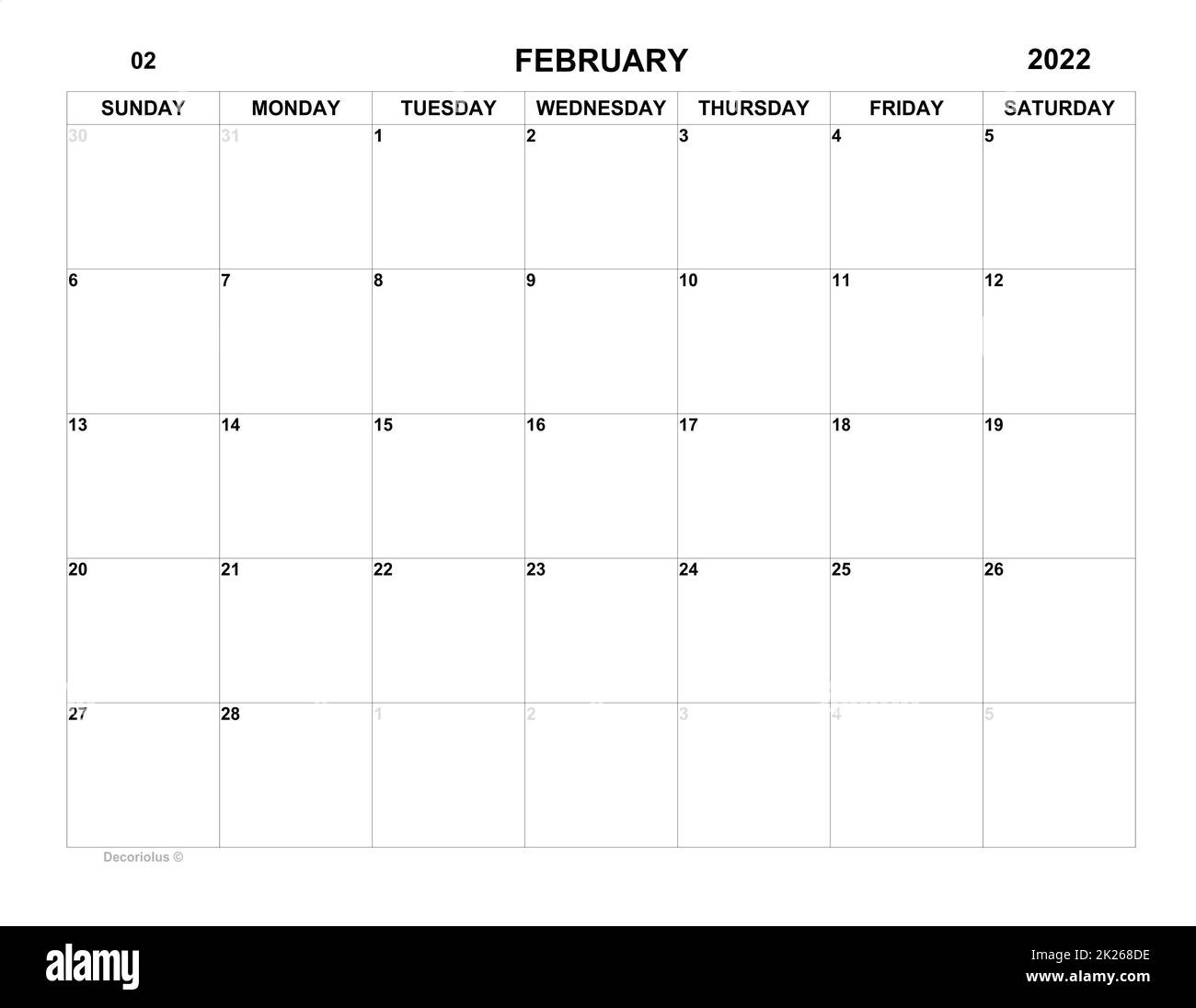 Planer für februar 2022. Zeitplan für Monat. Monatskalender. Organisator Stockfoto