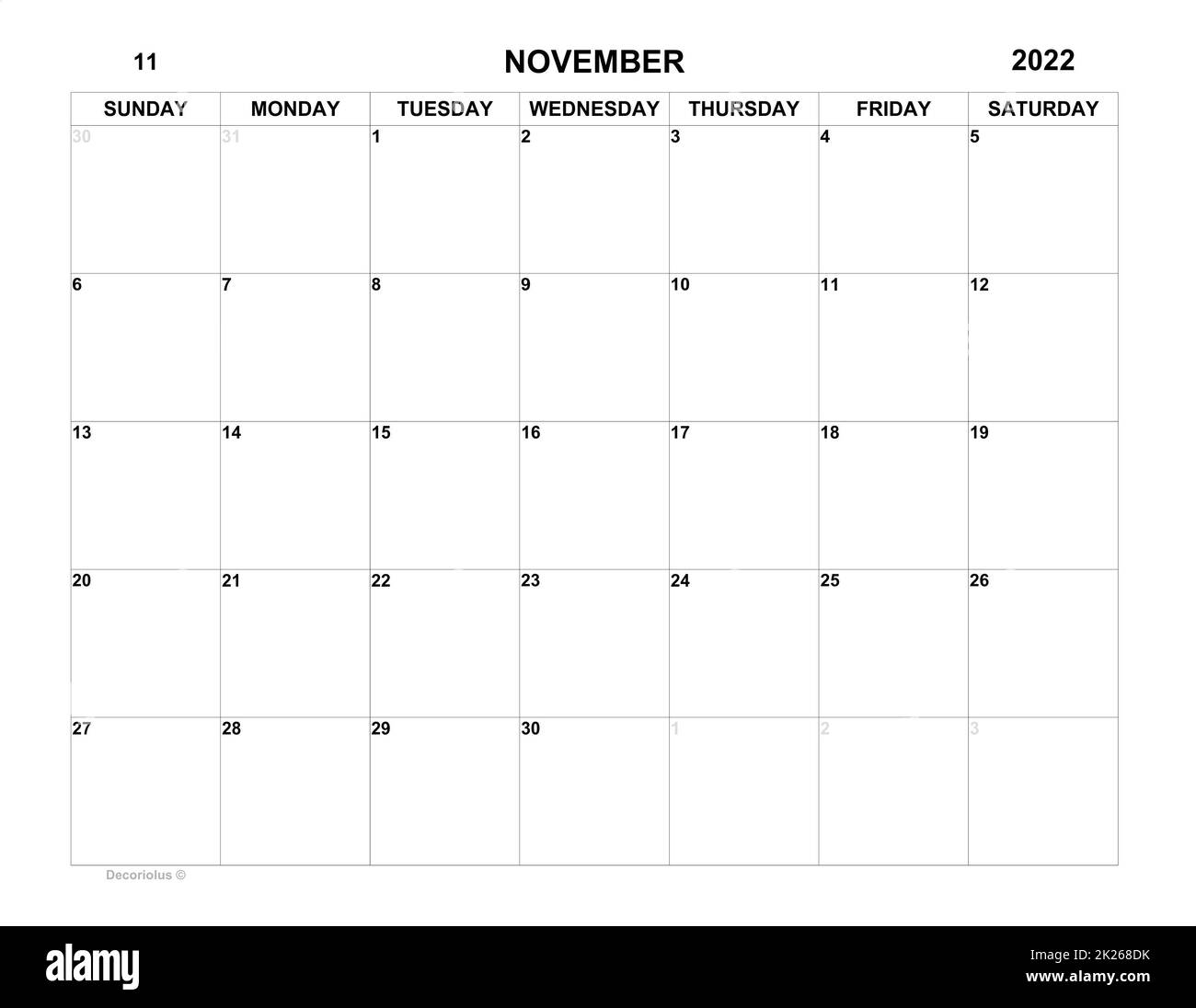 Planer für november 2022. Zeitplan für Monat. Monatskalender. Organisator Stockfoto
