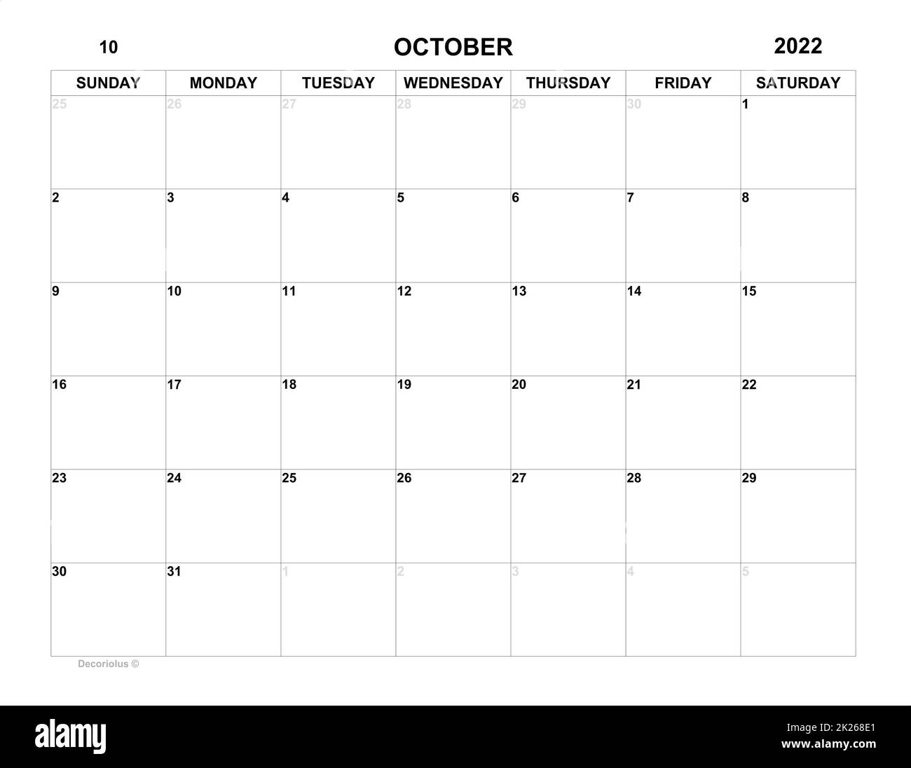 Planer für oktober 2022. Zeitplan für Monat. Monatskalender. Organisator Stockfoto