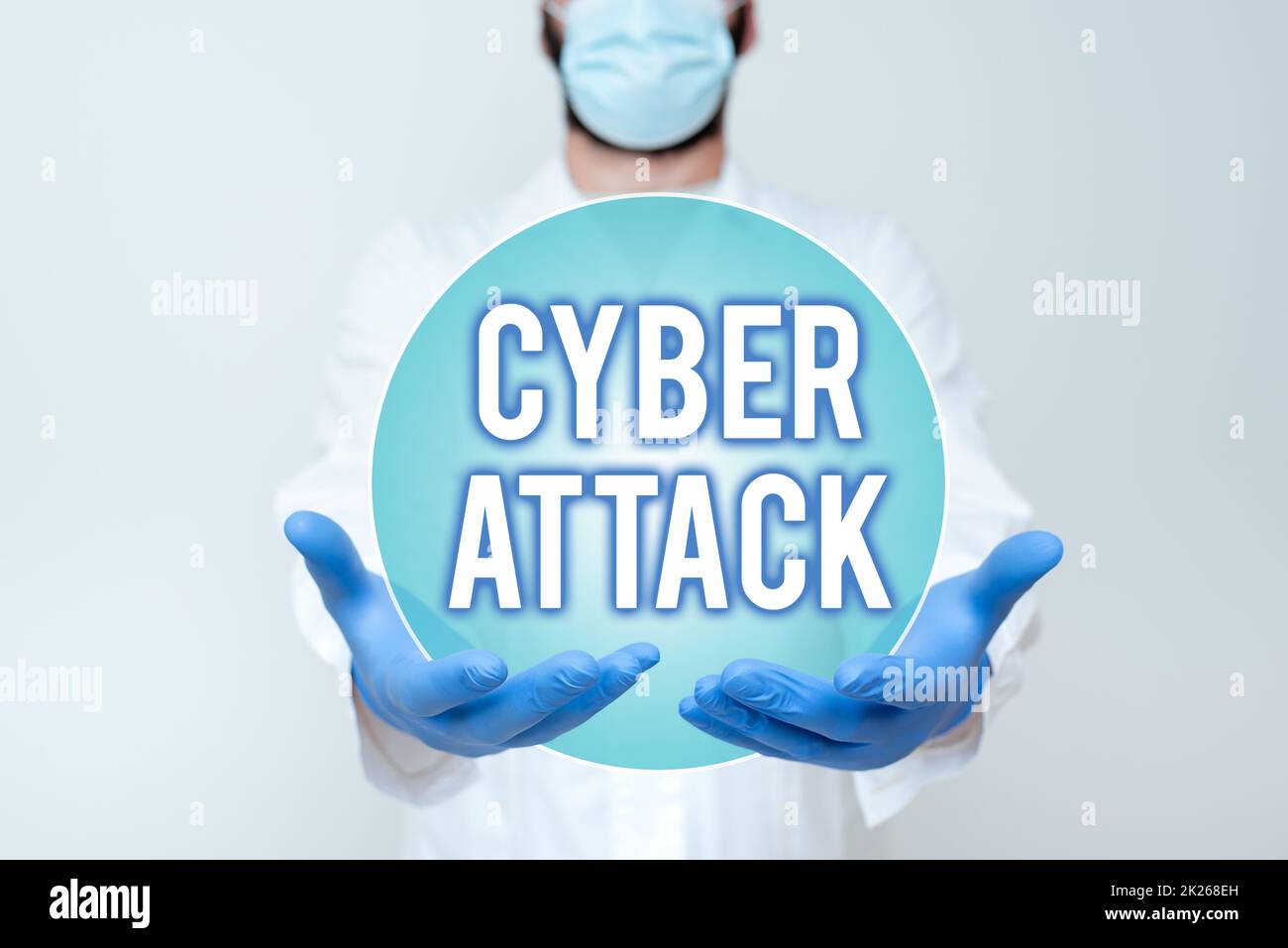 Konzeptionelle Darstellung Cyber Attack. Wort geschrieben über einen Versuch von Hackern, einen Computersystemwissenschaftler zu zerstören, der neue Technologie demonstriert, Doktor gibt medizinische Beratung Stockfoto