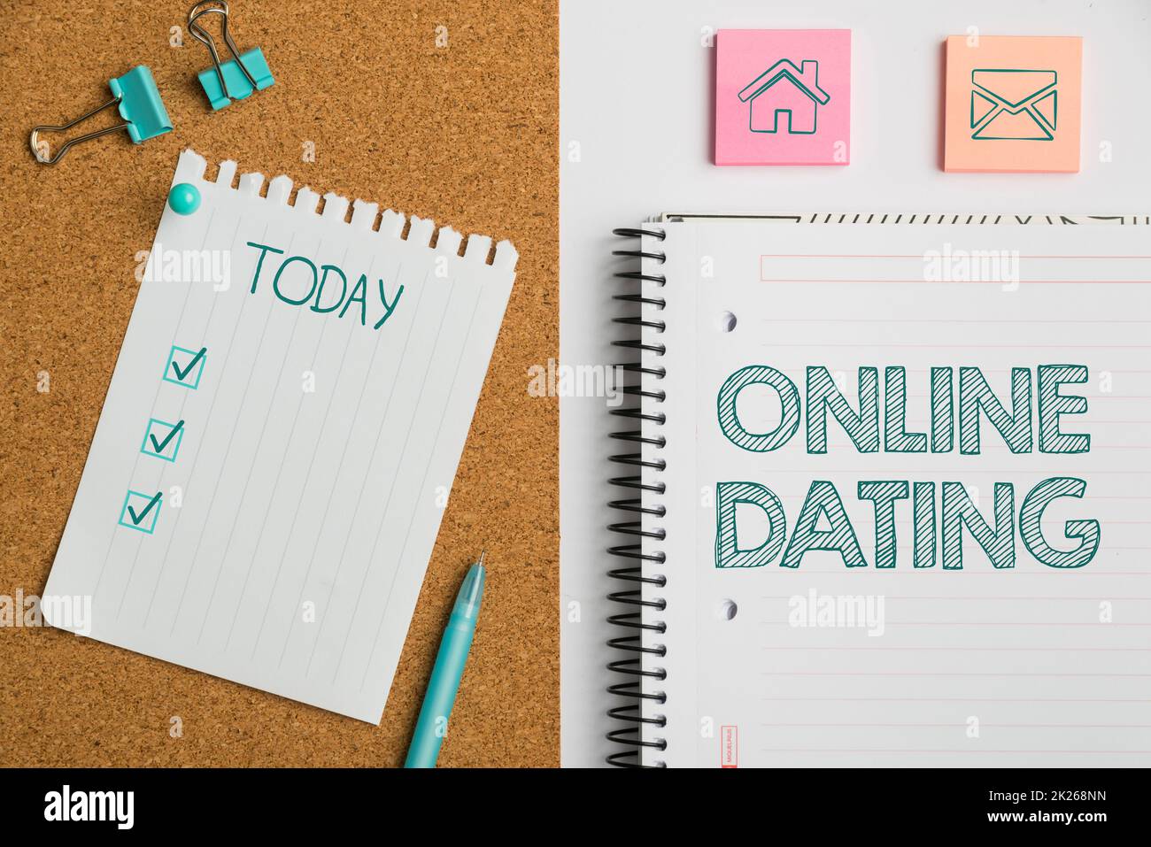 Schild mit Online-Dating. Konzept bedeutet Suchen nach passenden Beziehungen eDating Video-Chats trendiges Büromaterial für Schulen, Lehrersammlungen, Schreibwerkzeuge Stockfoto