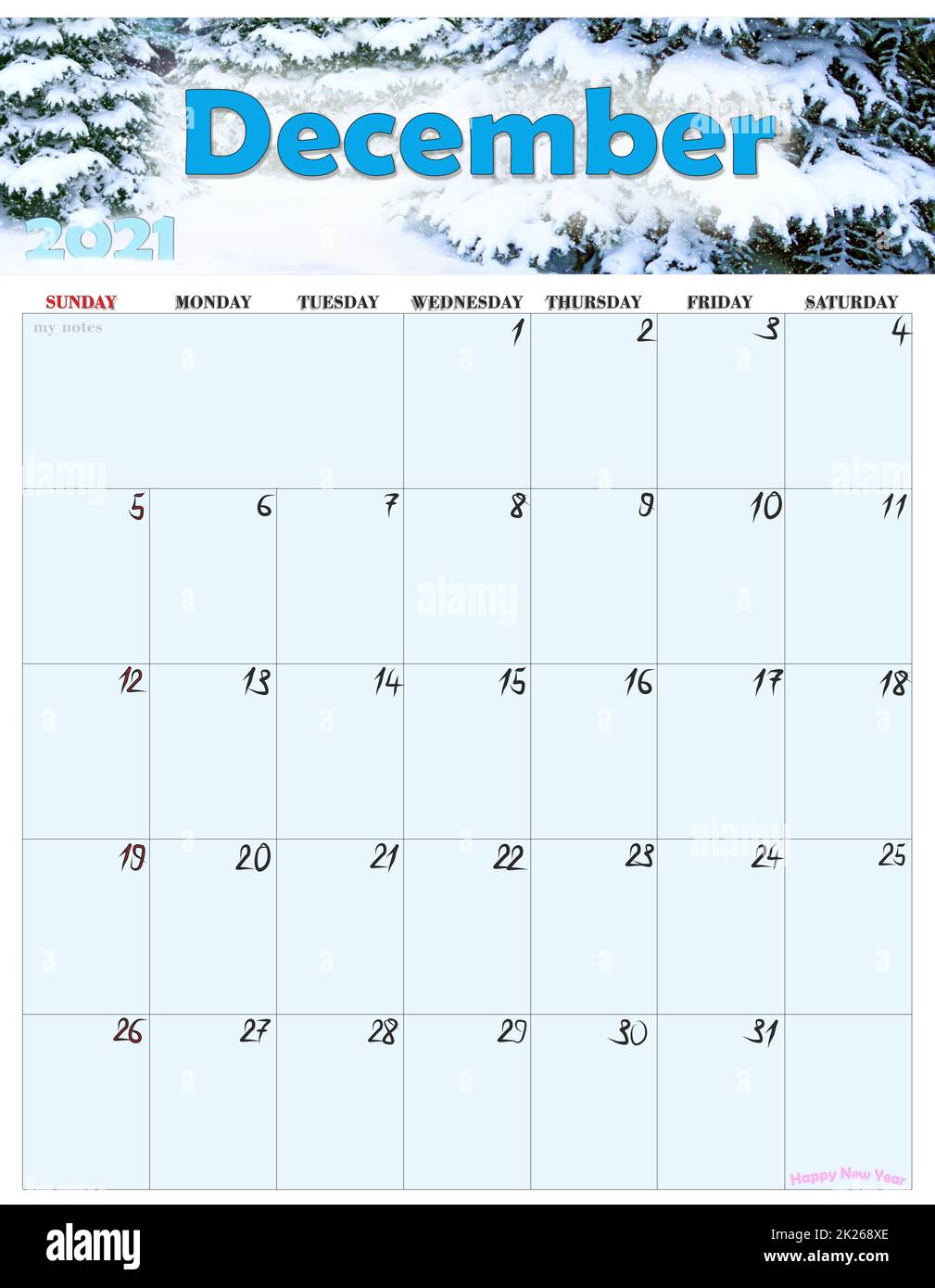 Kalender für Dezember 2021 mit Foto des Winterparks. Heimplaner Stockfoto