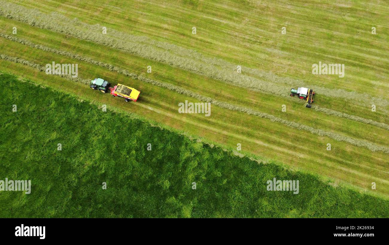 Luftaufnahme mit einer Drohne von zwei Traktoren, die Heu auf einer Wiese in Bayern ernten Stockfoto