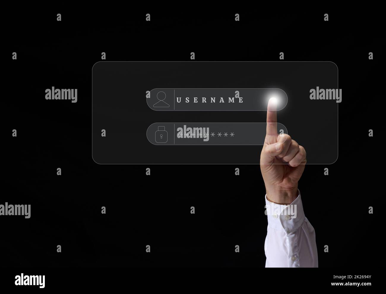 Zellen zur Eingabe eines Kennworts und einer ID für die Site. Das Konzept des Datenschutzes im digitalen Internet der Welt. Schutz personenbezogener Daten Stockfoto