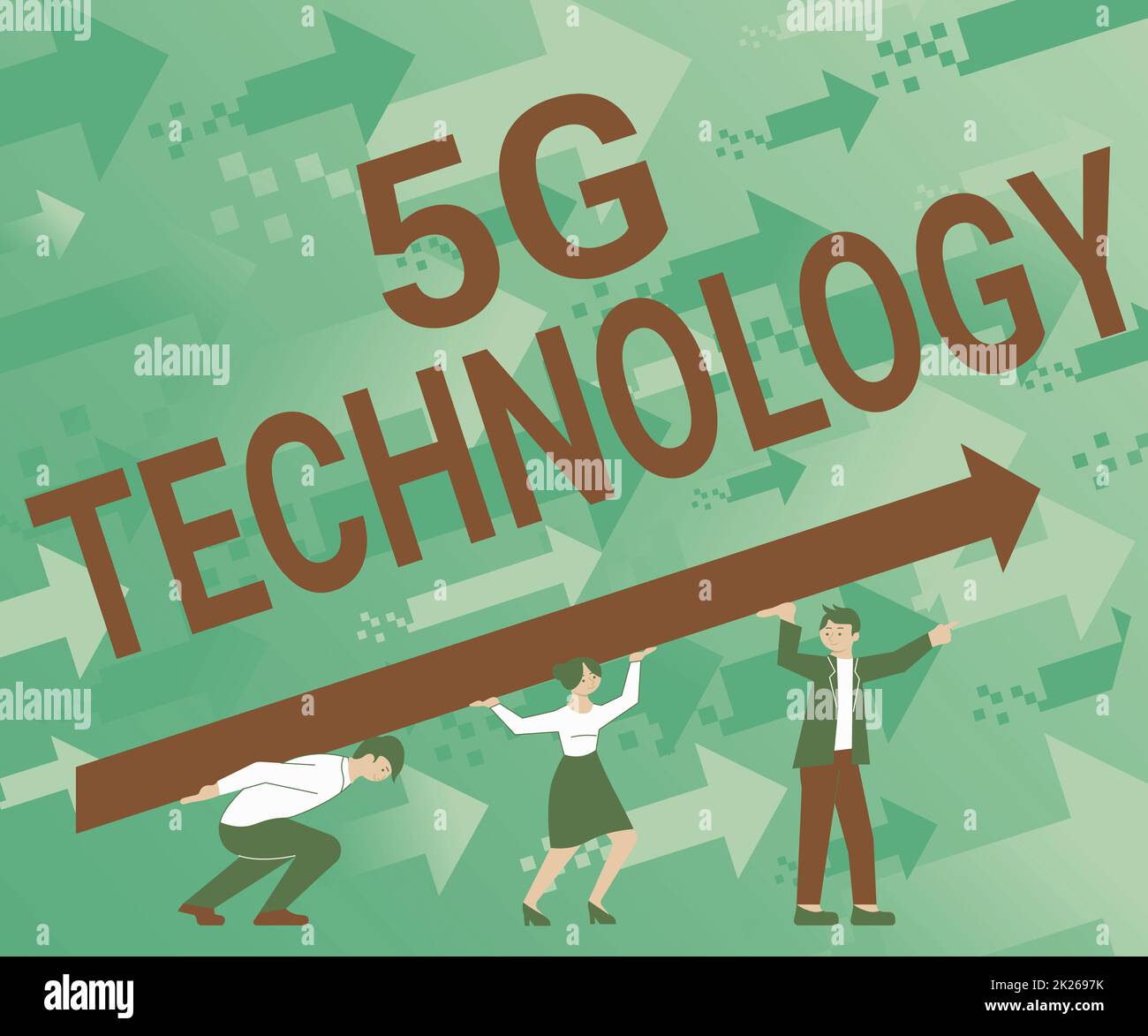 Handschriftlicher Text 5G-Technologie. Wort geschrieben über mobiles Hochgeschwindigkeits-Internet, drahtlose Systemnetzwerke der neuen Generation vier Kollegen zeichnen Stehend Holding Large Arrow für Erfolg. Stockfoto