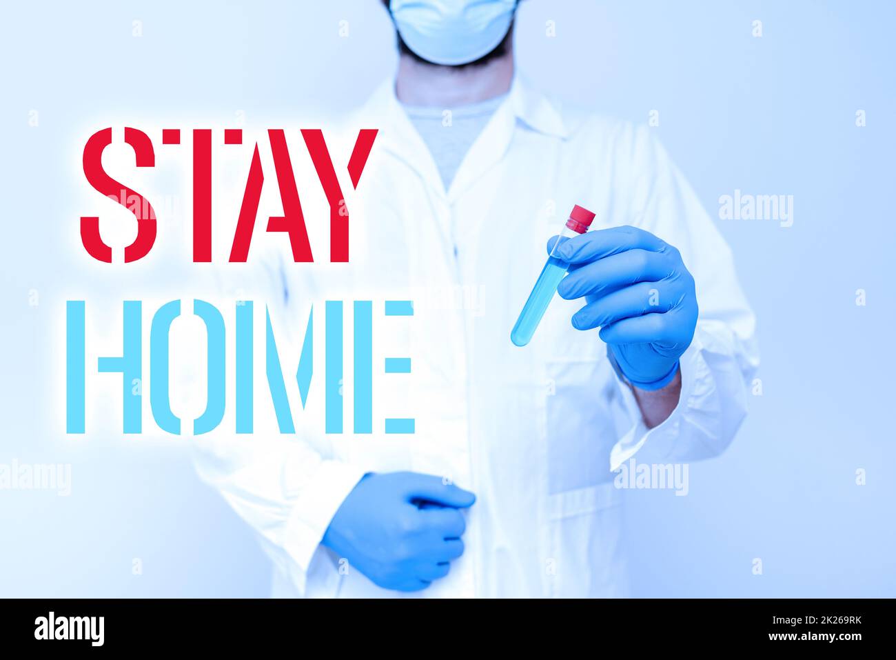 Konzeptionelle Darstellung „Stay Home“. Geschäftsidee nicht gehen für eine Aktivität und bleiben im Haus oder Haus Arzt Analyse New Medicine, Wissenschaftler Präsentation Medical Research Stockfoto