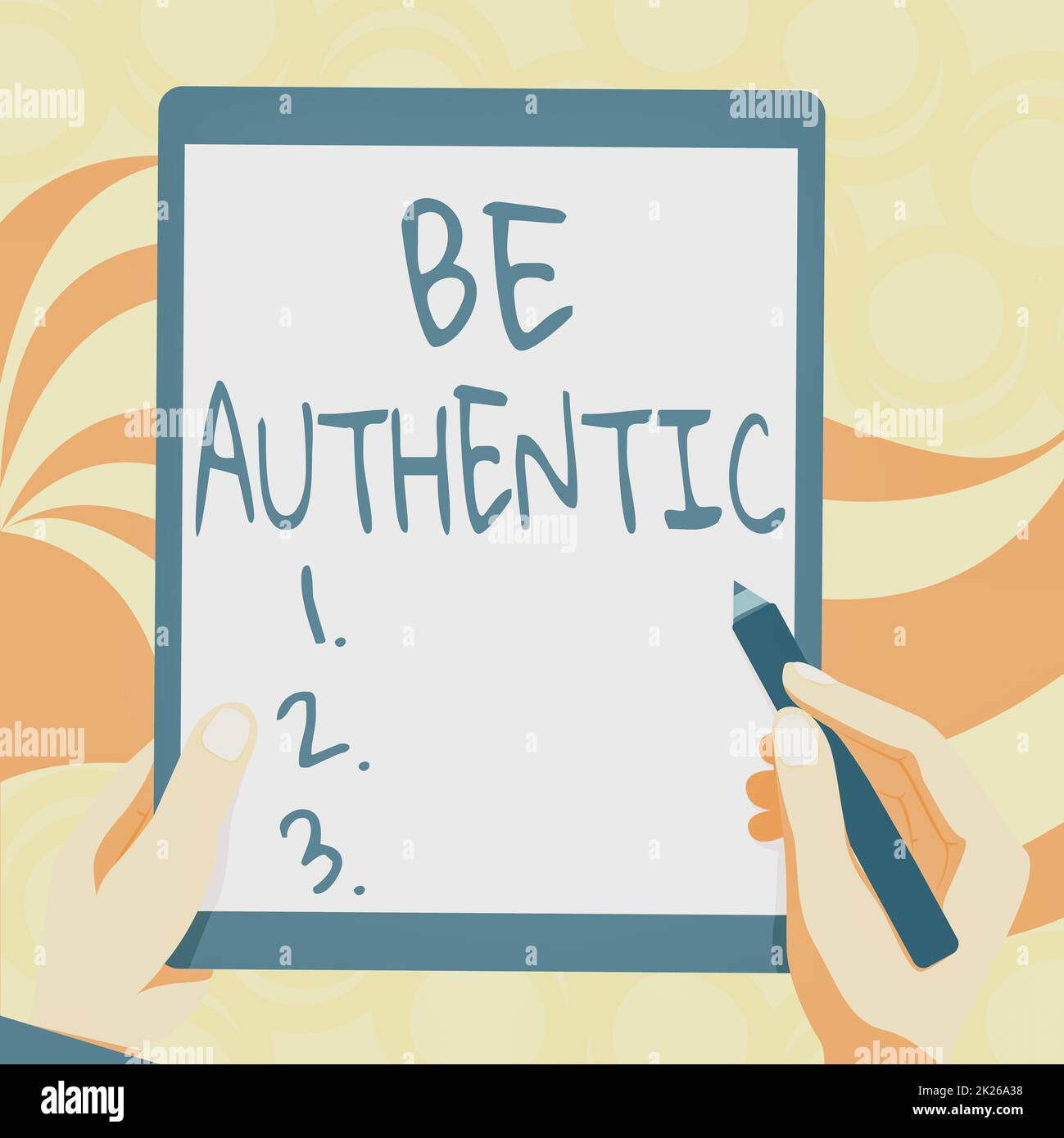 Zeichen der Authentizität. Wort für Wahrheit und Ehrlichkeit für sich selbst, ohne die anderen zu imitieren Zeichnen von beiden Händen Tablet halten leicht wunderbare Ideen präsentieren Stockfoto