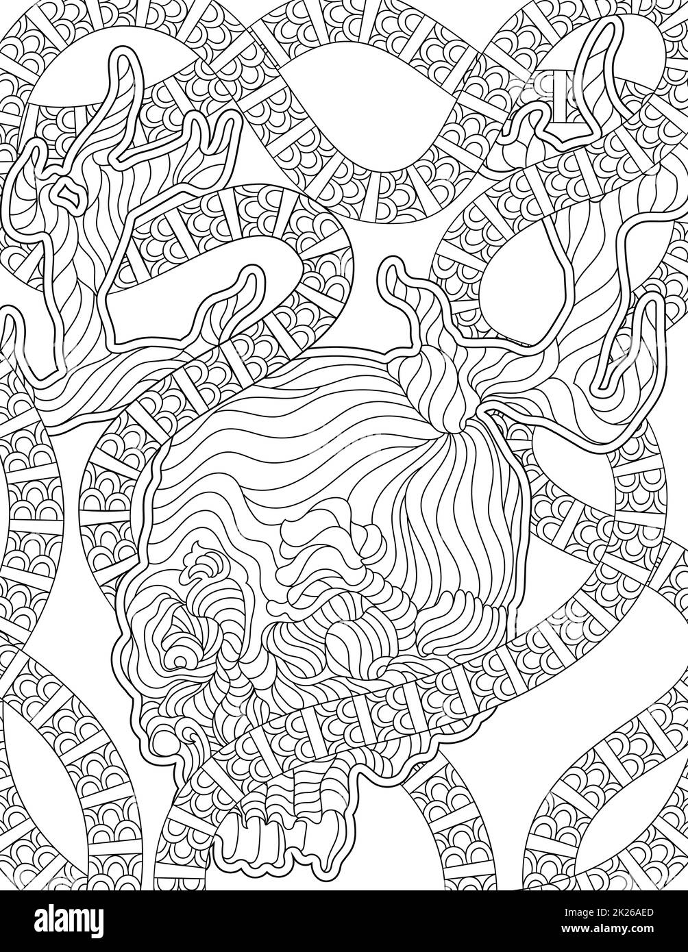 Totenkopf mit Schlangen um Linienzeichnung Malbuch detaillierte Idee Stockfoto