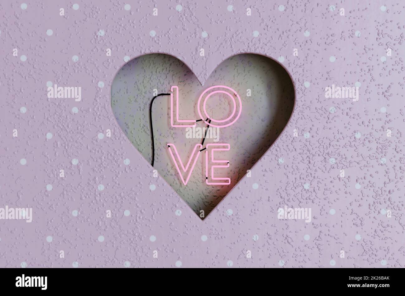 3D Abbildung . Loch Herz geformt innen Retro Neon Love Zeichen auf Zementwand . CONCEPT Alles Liebe zum Valentinstag. Stockfoto