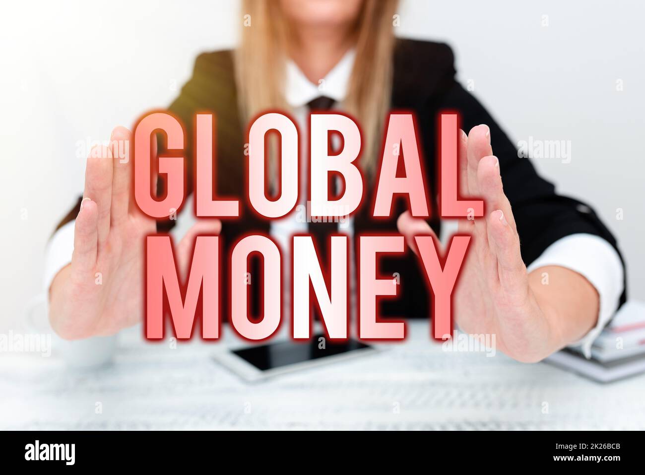 Text mit Inspiration Global Money. Geschäftsansatz Internationales Finanzwesen weltweite Währungstransaktionen erklären das Problem des Unternehmens, Abstract bietet Lösungen für Streitigkeiten Stockfoto