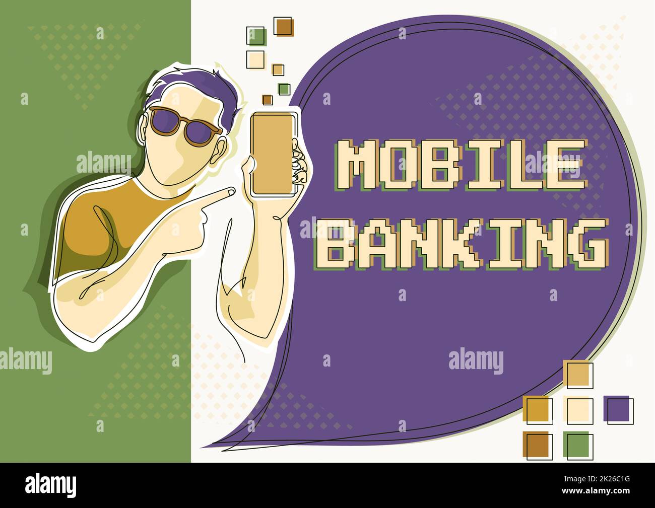 Textzeichen für Mobile Banking. Geschäftsidee zur Erstellung von Finanztransaktionen mithilfe von Smartphone-Strichzeichnungen für Guy Holding Phone Präsentation neuer Ideen mit Sprechblase. Stockfoto