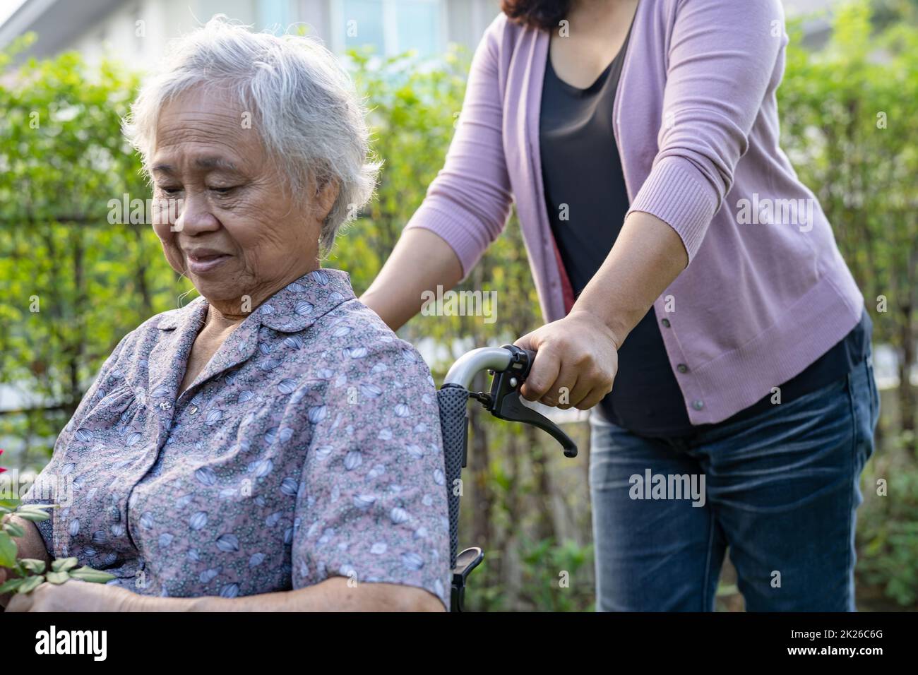 Pfleger helfen asiatische ältere oder ältere alte Dame Frau im Rollstuhl im Park. Stockfoto