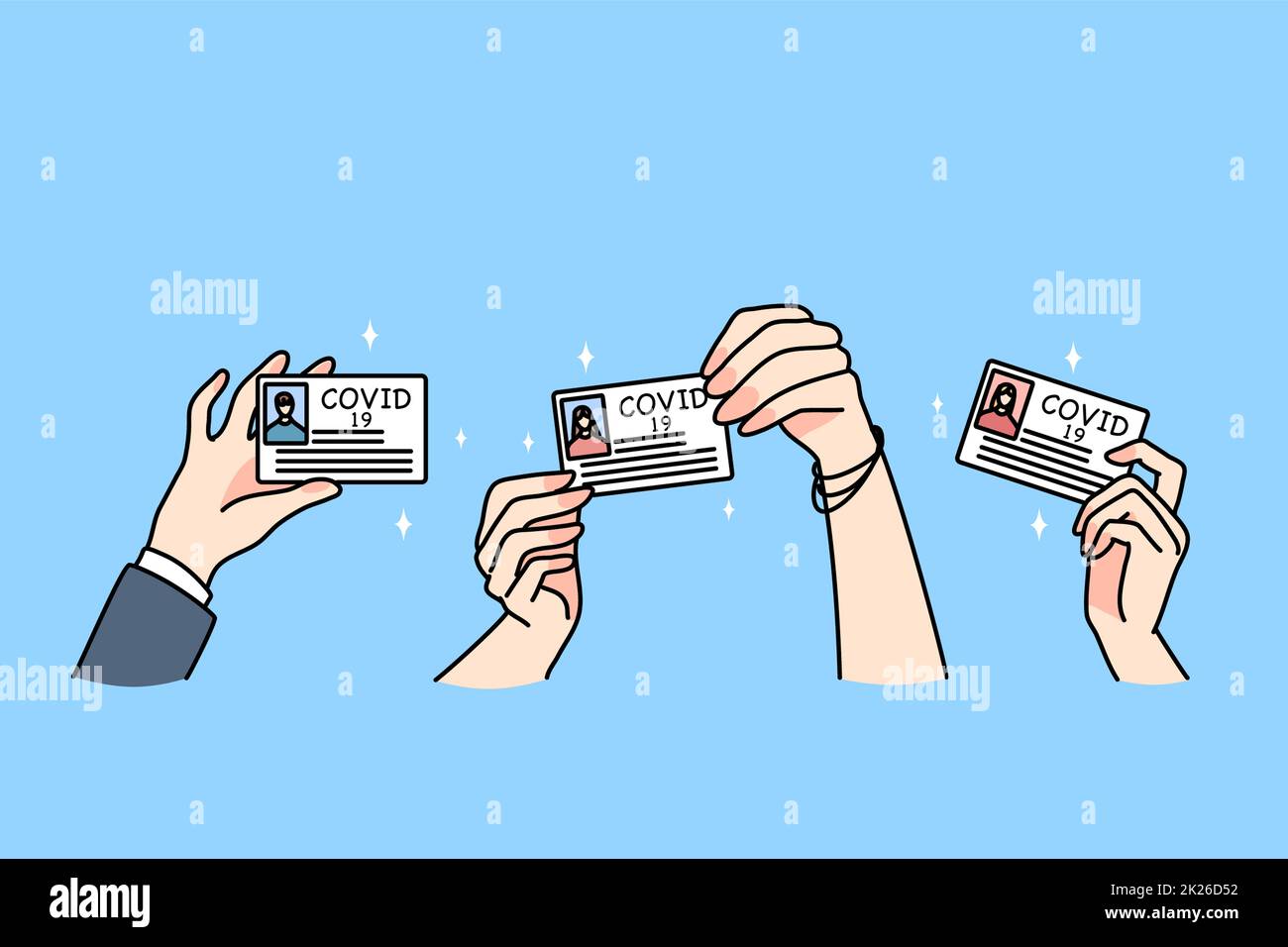 Die Hände verschiedener Menschen zeigen Impfzertifikate Stockfoto