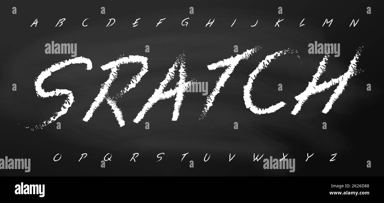 Scratch Alphabet, Kreide Buchstaben auf Tafel. Handgeschriebene Schriftart im Geschwindigkeitsstil. Skizzenschriftart. Vektorgrafik typografisches Design Stockfoto