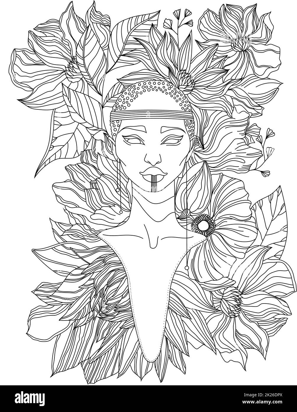 Tribal Beautiful Lady Face Verziert Mit Blumen Um Hals Und Kopflinie Zeichnung Malbuch Stockfoto