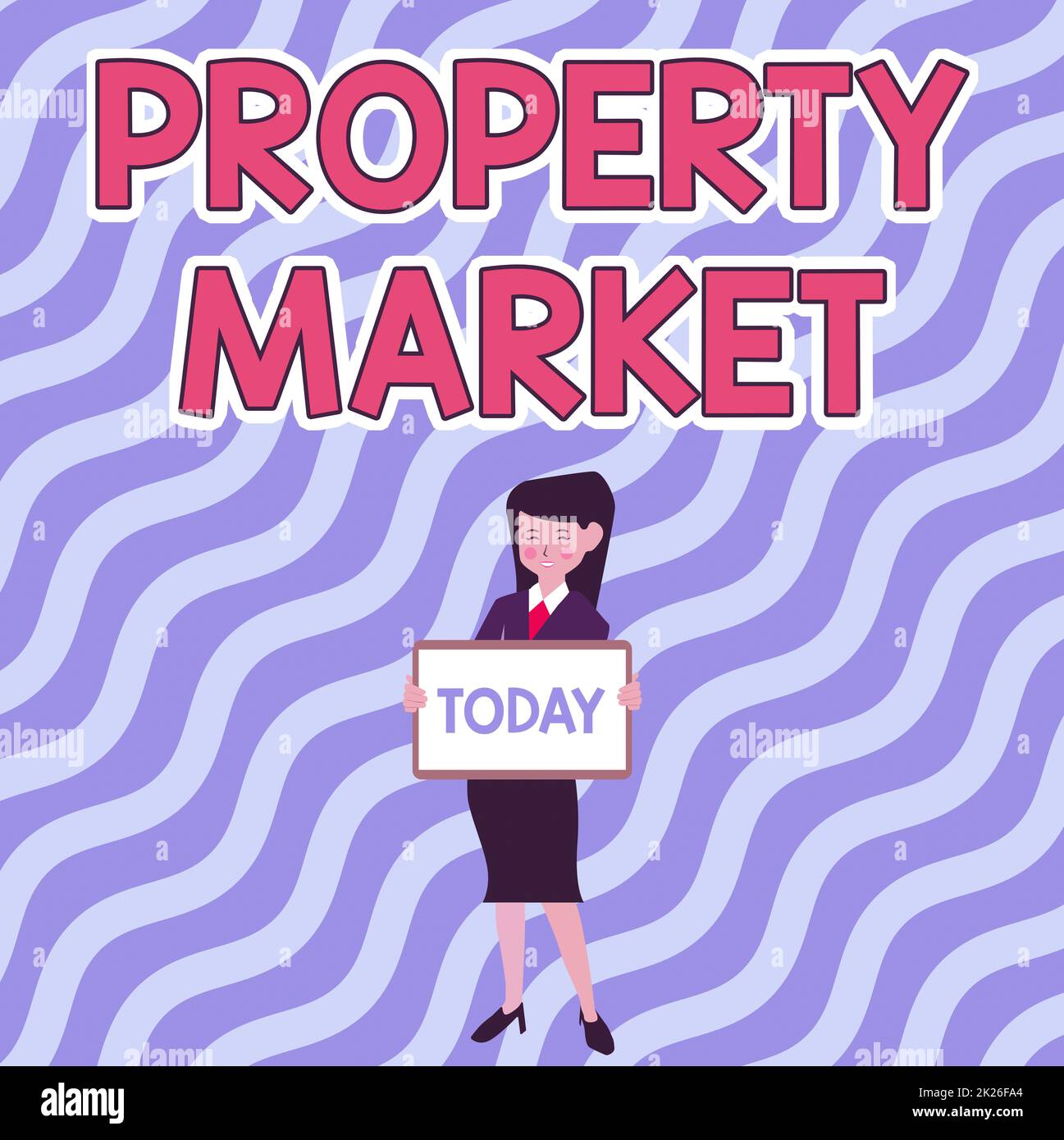 Schild mit der Aufschrift Immobilienmarkt. Internetkonzept Kauf und Verkauf von Grundstücken und Gebäuden Immobilienmarkt Beautiful Lady Standing Holding Whiteboard präsentiert neue Ankündigung. Stockfoto