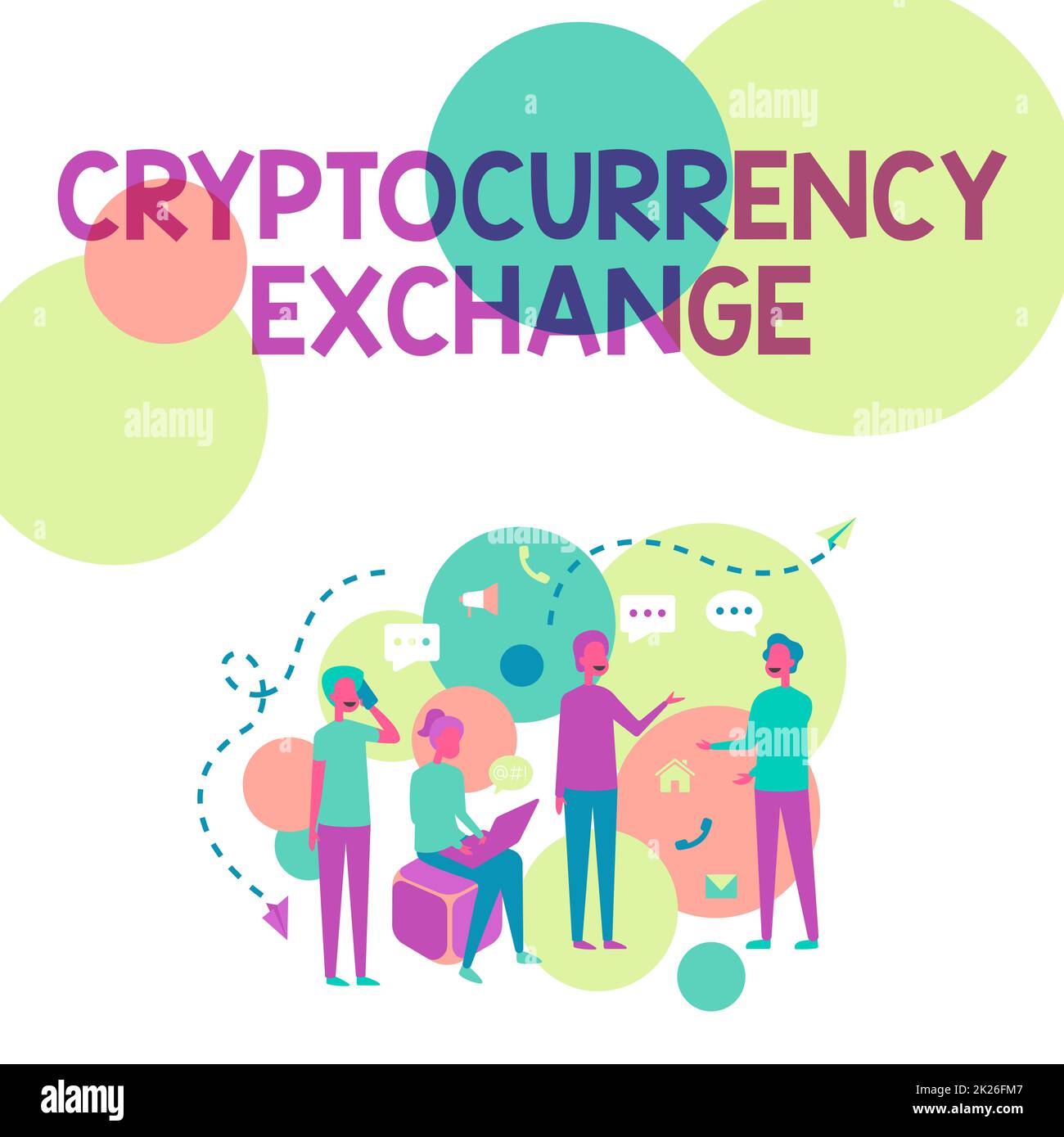 Inspiration mit Schild Cryptocurrency Exchange. Konzeptfotos ermöglichen es dem Kunden, digitales Geld gegen andere Vermögenswerte zu tauschen. Vier Kollegen Illustration mit Gesprächen über neue Ideen. Stockfoto