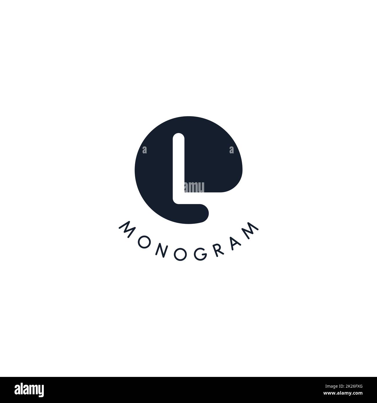Schwarzes Logo mit ausgeschnittener Silhouette des Buchstabens L, rundes Monogramm für Business und Branding. Moderner Vektor-Logotyp, Kreisabzeichen negativer Raum-Stil Stockfoto