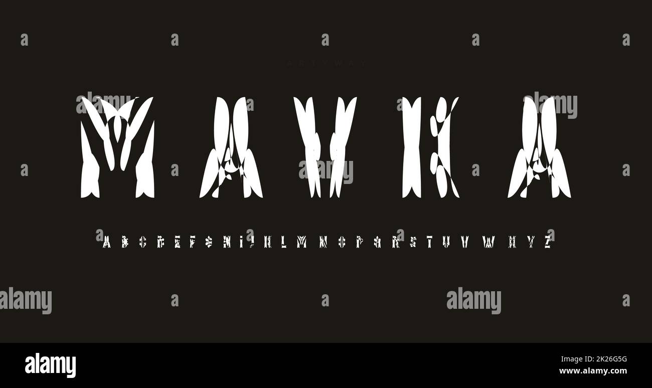 Ethnische Buchstaben. Moderne Logohemden in der Typografie. - Das ist ein uraltes Schriftbild. Schriftzug für Kino-, Film- und Musiklogo, Überschrift, Titeltitel, Monogramm, Buchstaben und Abc-Text Stockfoto