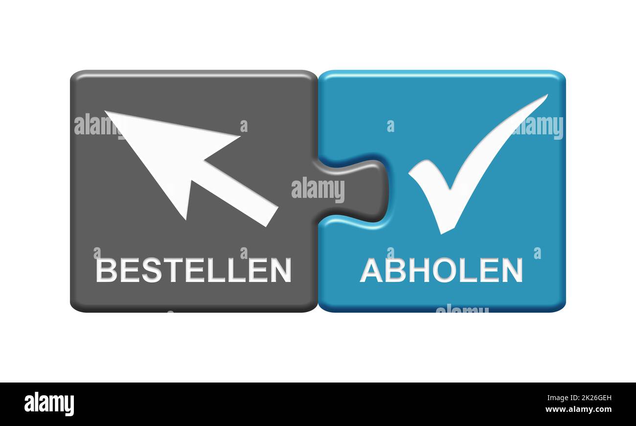 Puzzle Button grau blau: Bestellen und abholen in deutscher Sprache Stockfoto
