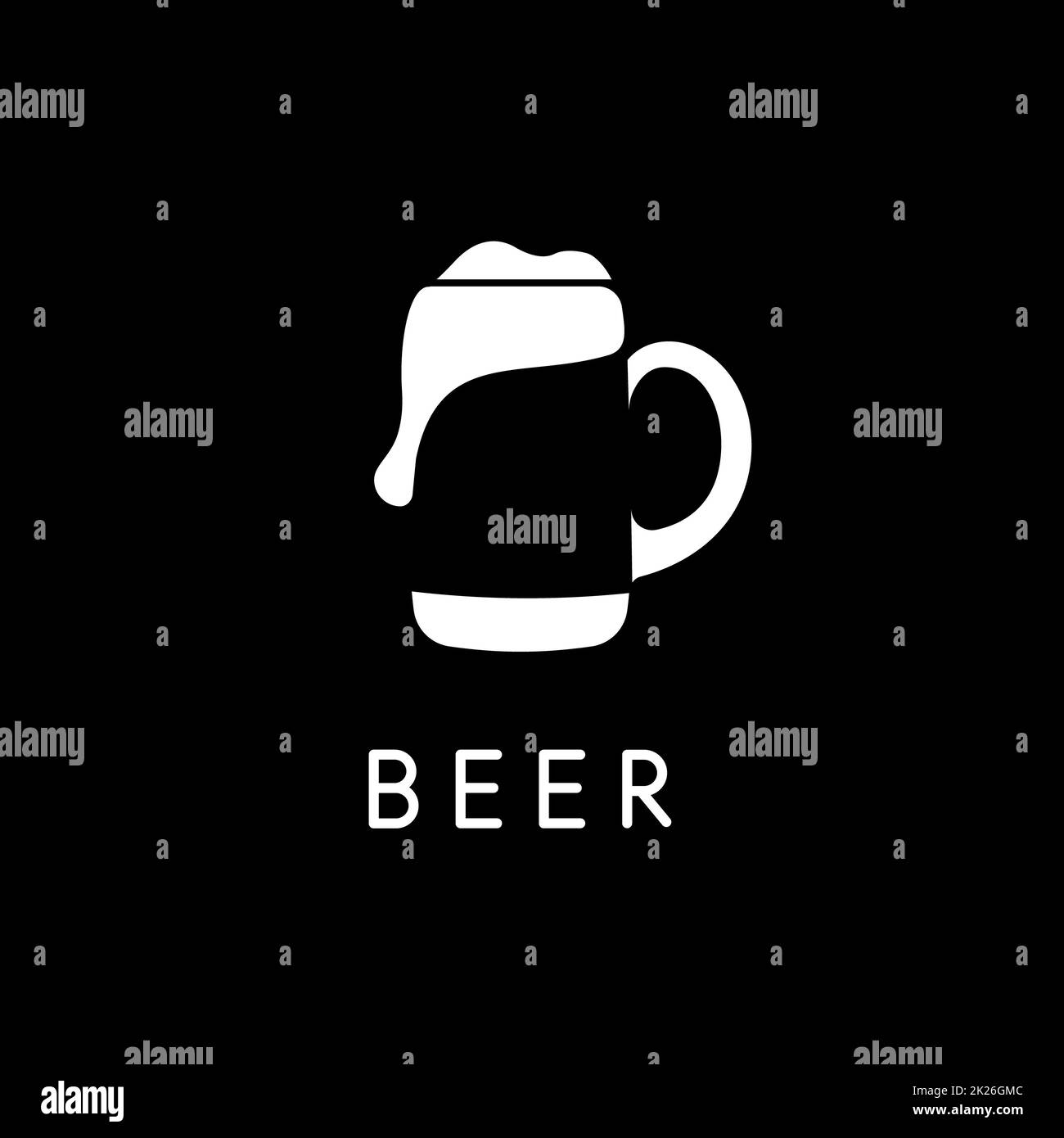 Bierkrug mit Bier, negativen Raum logo Vorlage, weiße Silhouette auf schwarzem Hintergrund. Vektor bar Schriftzug. Stockfoto