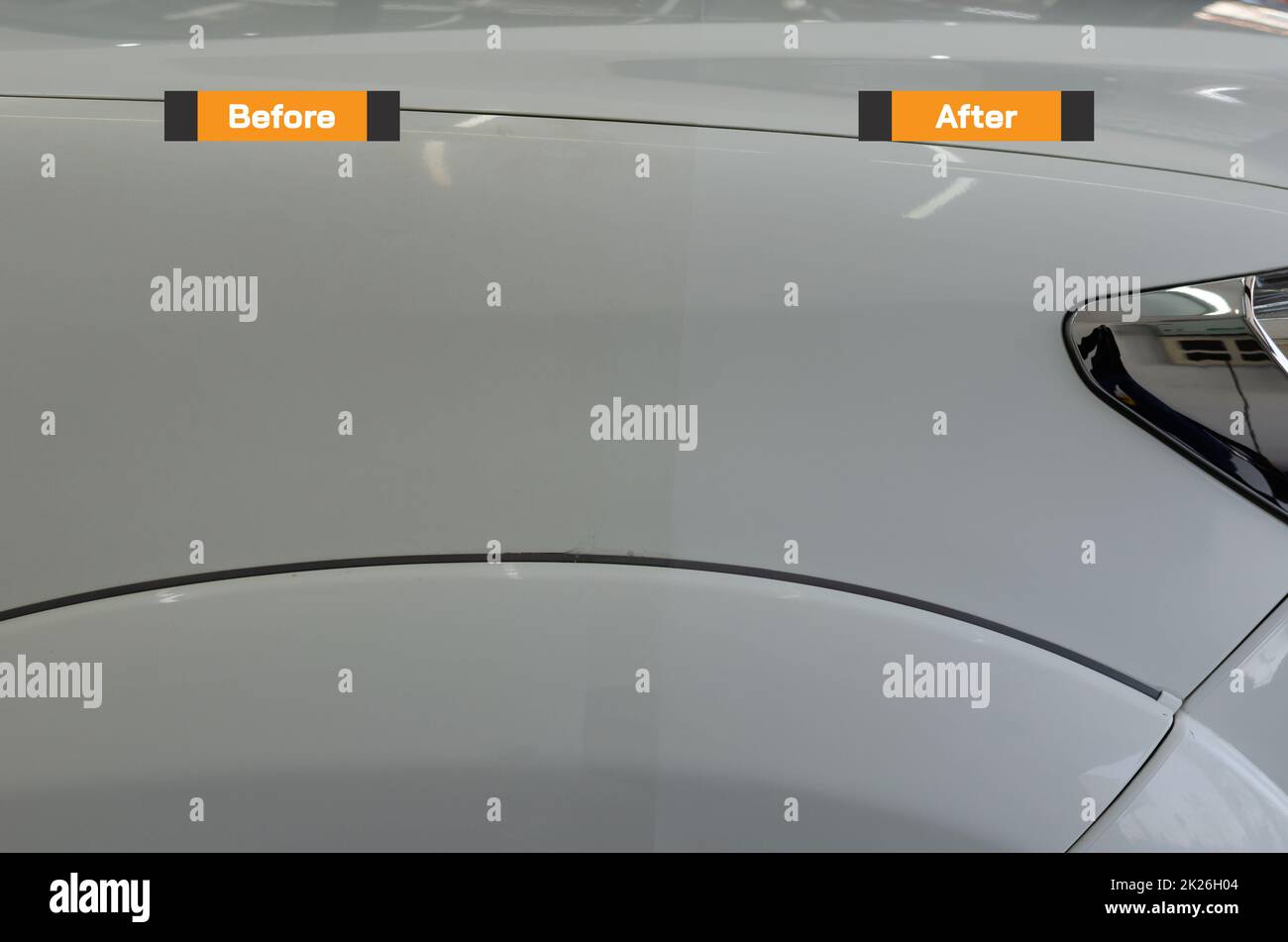 Prozess vor und nach dem Polieren des Autos. Fahrzeugdetails. Stockfoto