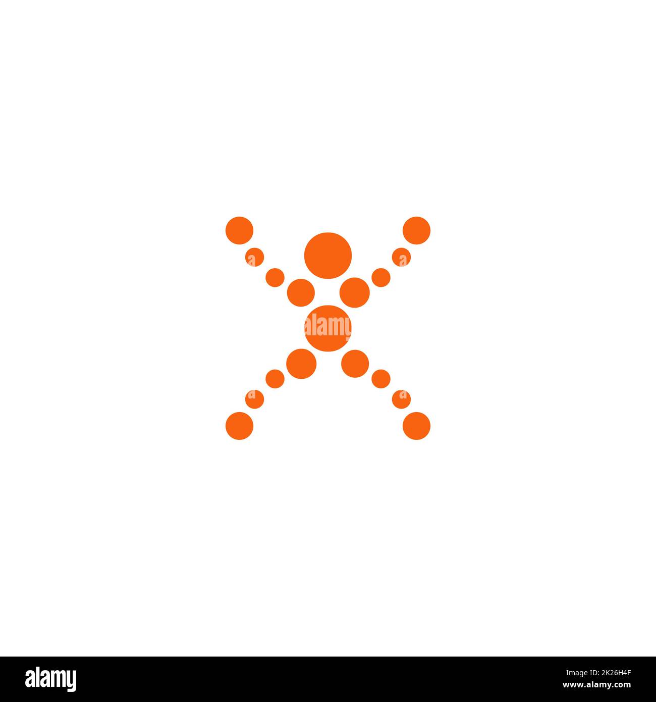 Abstrakte menschliche Figur aus orangefarbenen Bällen verschiedener Größen, X-Position, Vektor-Logo-Tamplate. Menschliche Gesundheit und Macht Symbol, einfache Silhouette. Abstract Letter X. Stockfoto