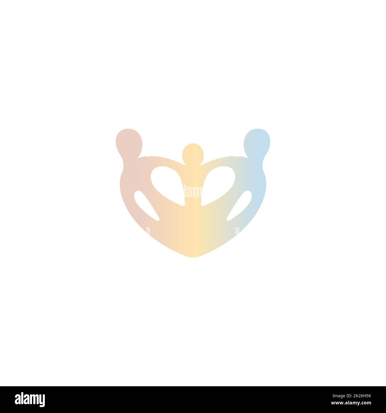Isoliertes abstraktes Kronenvektorlogo. Rosa, Gelb, Blau – Accessoire-Logo. Königliches Familienattribut in Form eines Herzens. Etikett für Juweliergeschäft. Stockfoto