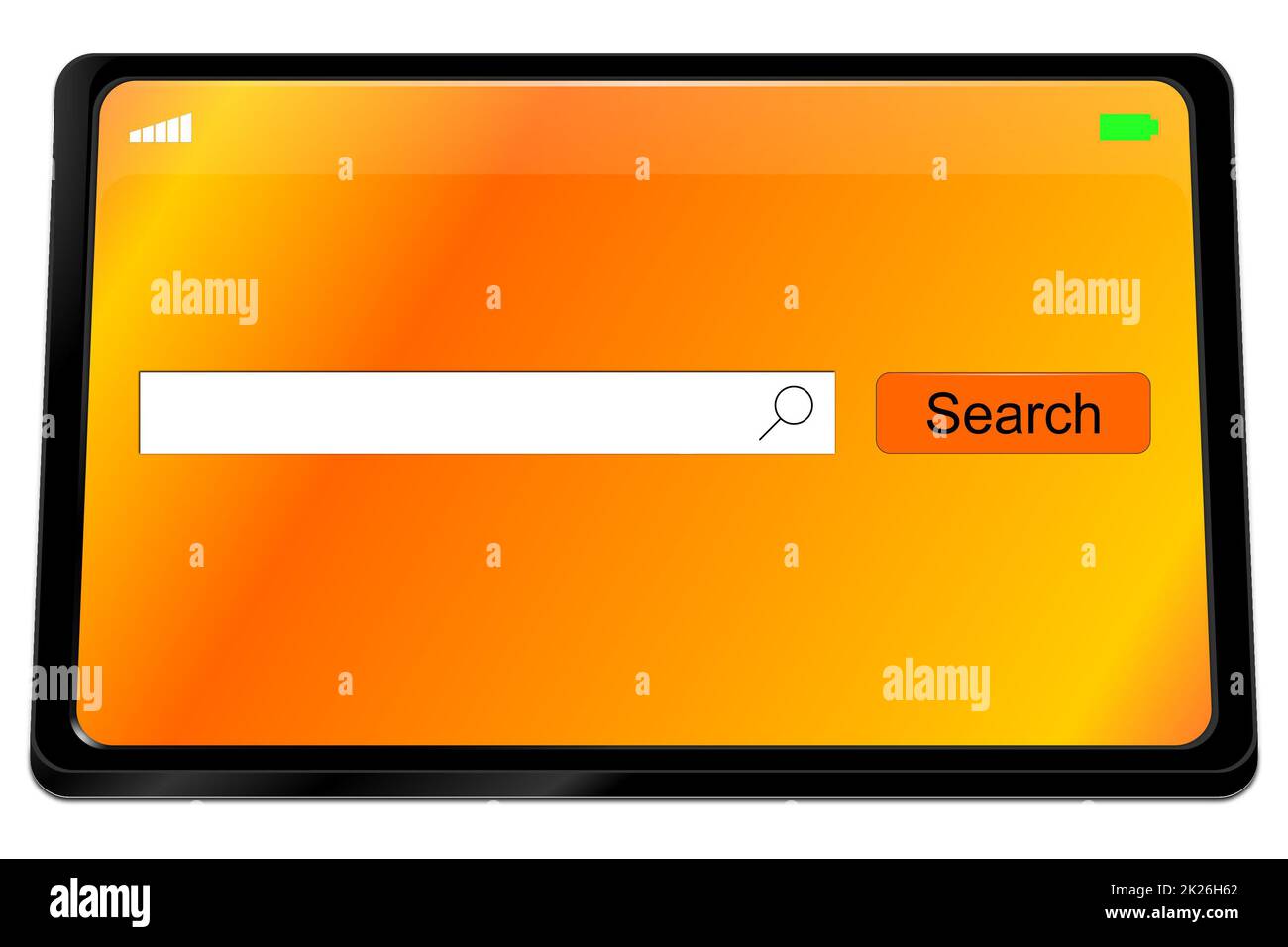 Tablet-PC mit orangefarbener Internet-Suchmaschine – 3D-Abbildung Stockfoto