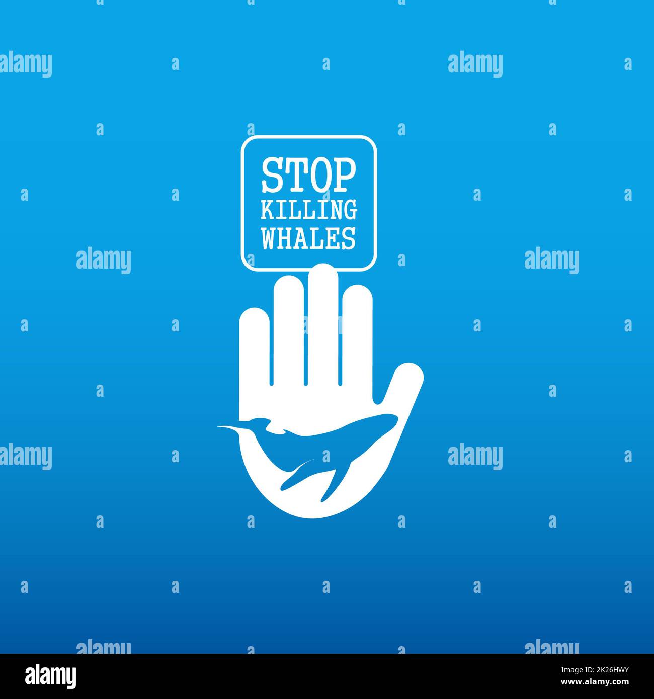 Isolierter Blauwal in weißer Hand Vektorlogo. Weltwal-Tag. Rette Säugetiere. Hör auf, Wale zu töten. Hilfesymbol. Symbol für Freiwilligentätigkeit. Internationaler Tag. Schutz der Natur. Die Silhouette des Ozeans. Stockfoto